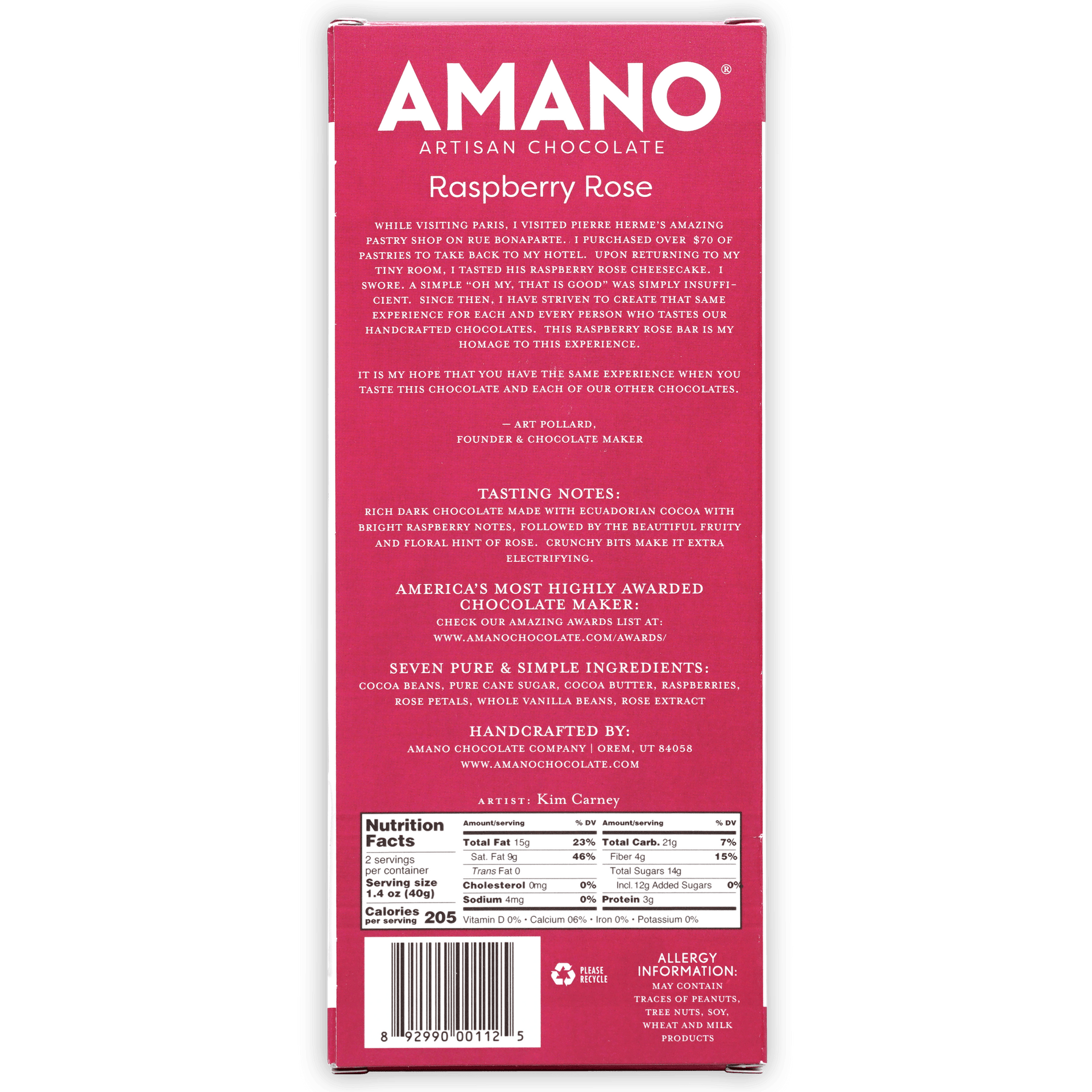 Amano raspberry rose dark 55% chocolate bar in vibrant pink box