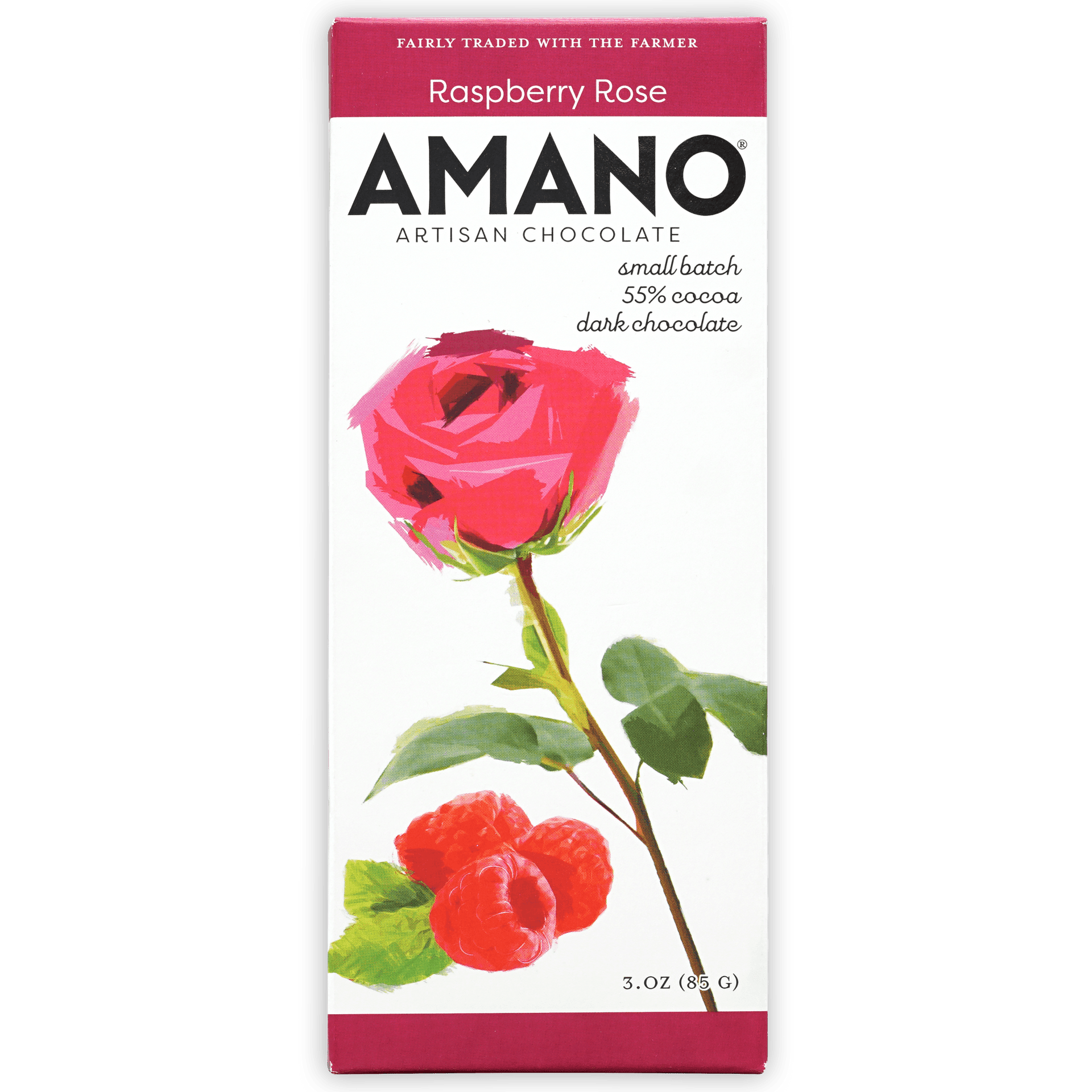 Amano Raspberry Rose 55% dark chocolate bar with rose and raspberry design