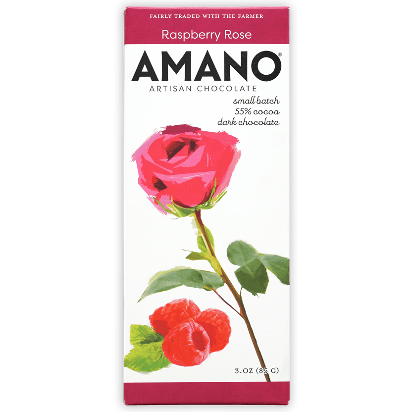 Amano Raspberry Rose 55% dark chocolate bar with rose and raspberry design