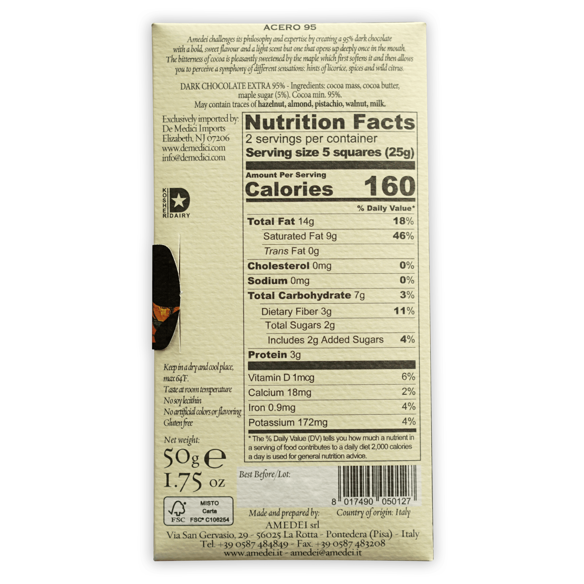 Amedei Acero 95% dark chocolate bar back with beige wrapper details