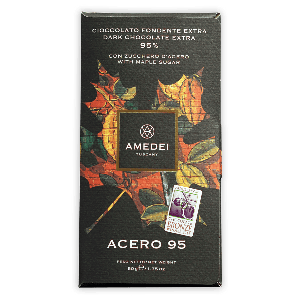 Amedei Acero Maple Sugar 95% dark chocolate bar with autumn leaf package