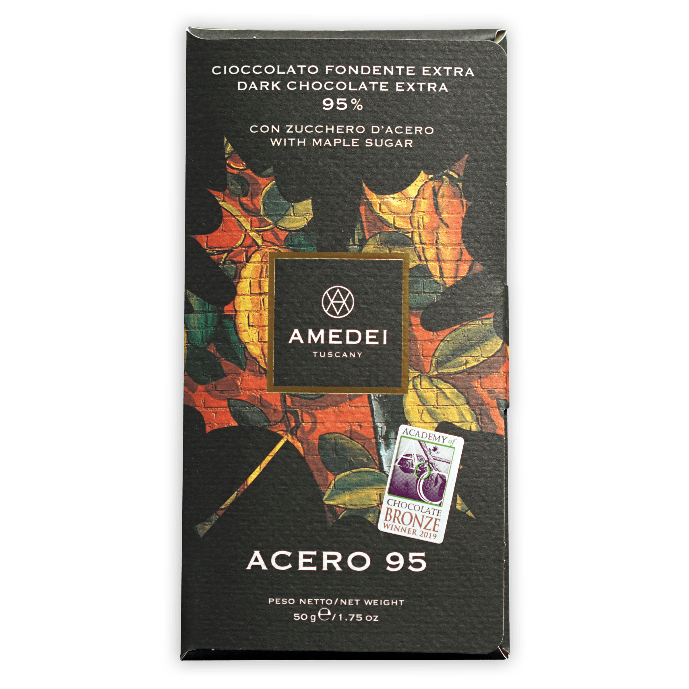 Amedei Acero Maple Sugar 95% dark chocolate bar with autumn leaf package