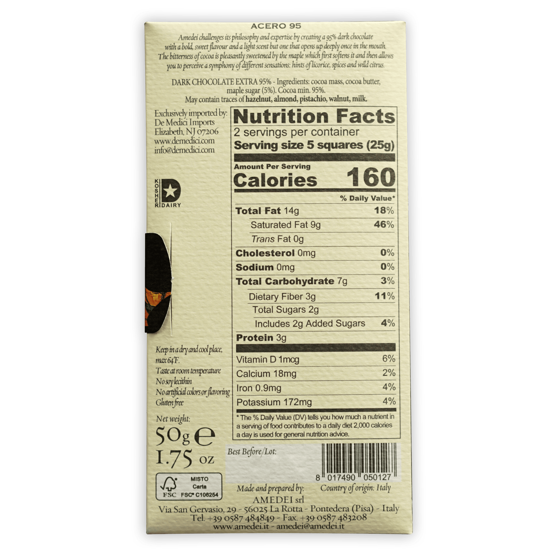 Amedei Acero 95% dark chocolate bar back with beige wrapper details