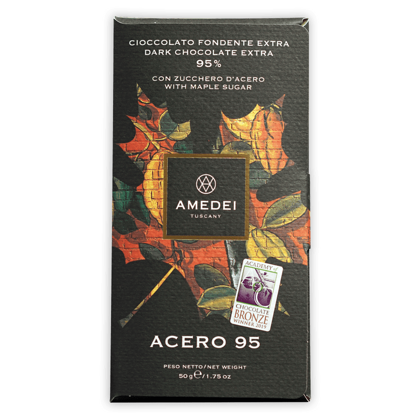 Amedei Acero Maple Sugar 95% dark chocolate bar with autumn leaf package