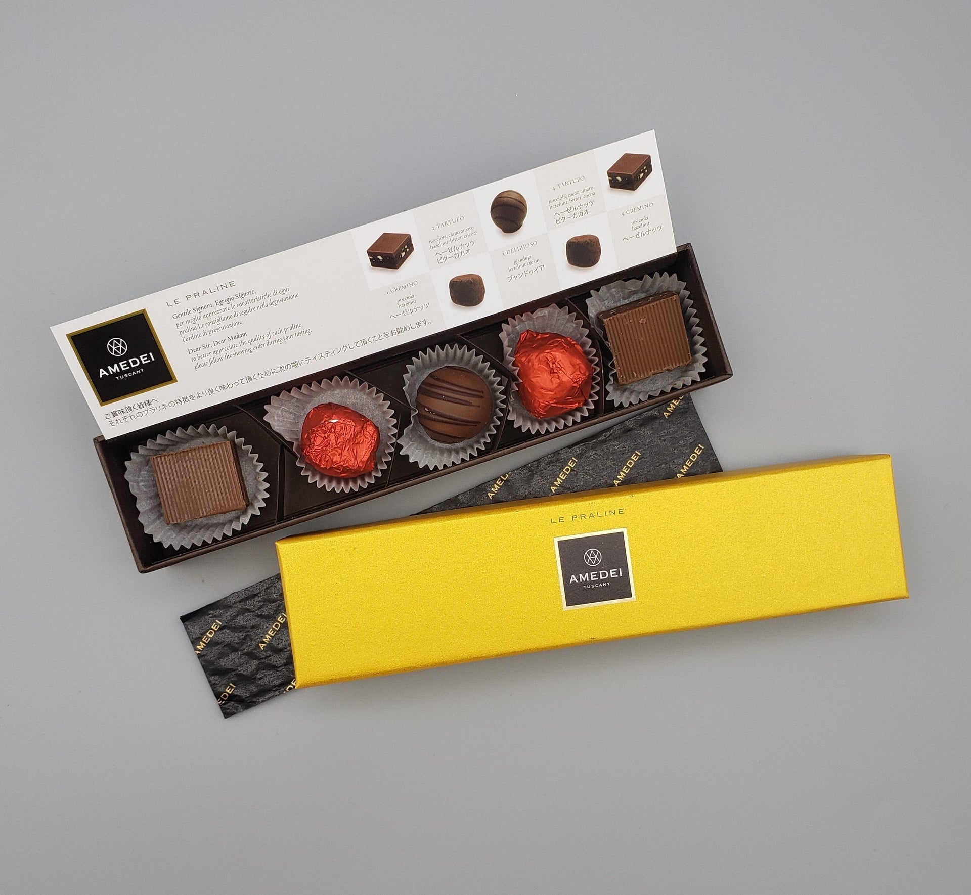 Amedei Assorted Pralines Gold Box 5 pcs with dark chocolates