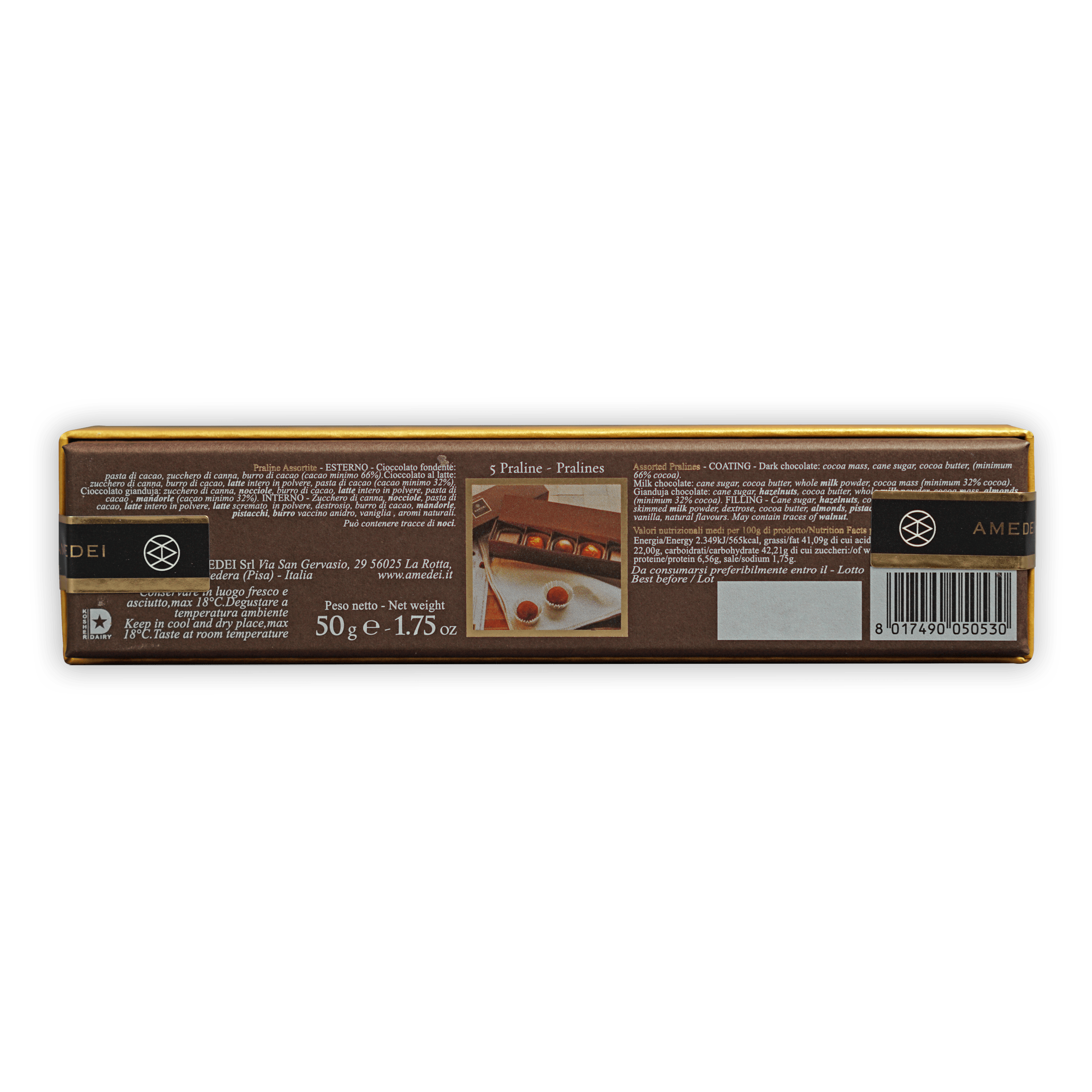 Amedei Assorted Pralines Gold Box 5 pcs gold rectangular box with pralines label