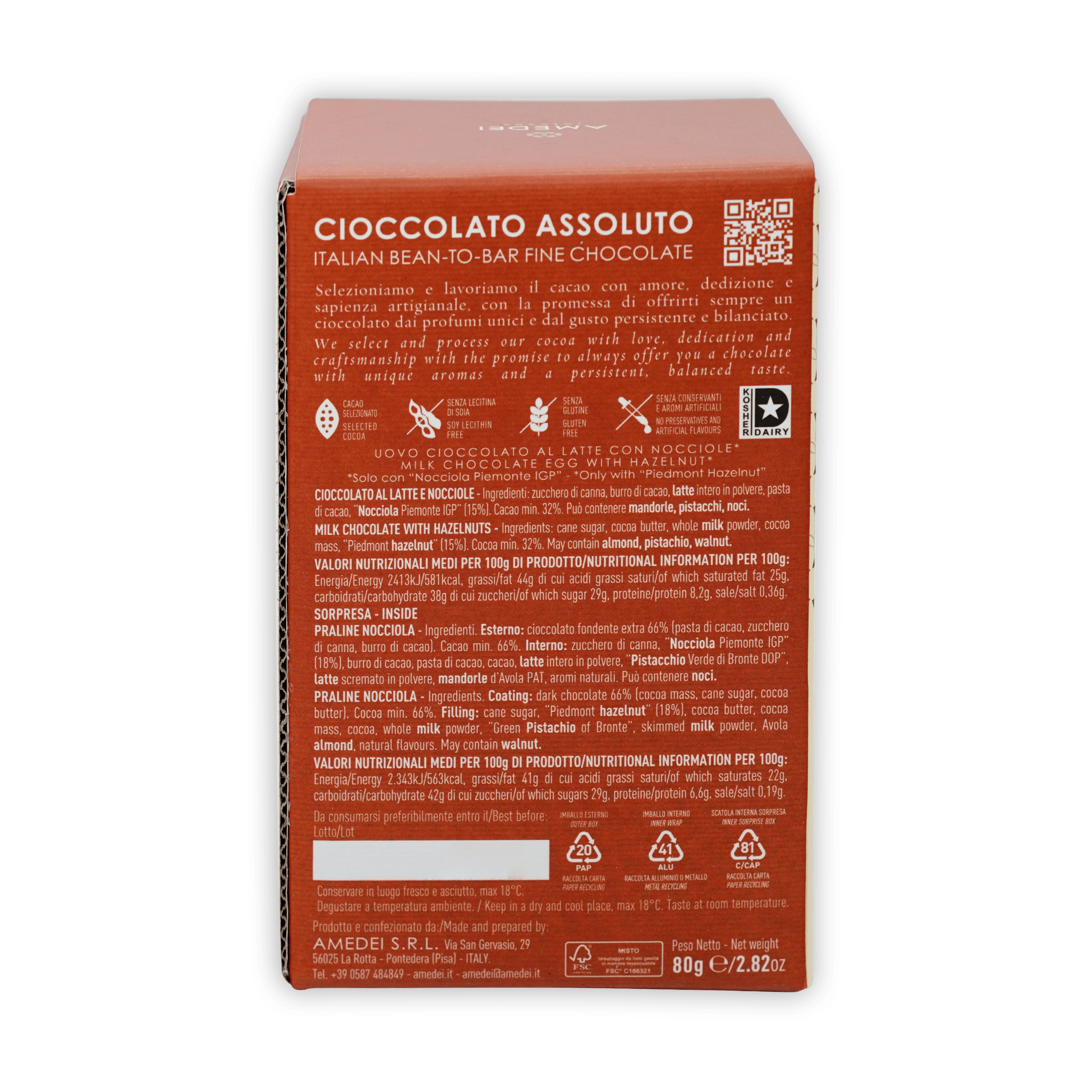 Back of Amedei Easter Egg Milk Chocolate and Hazelnut orange box
