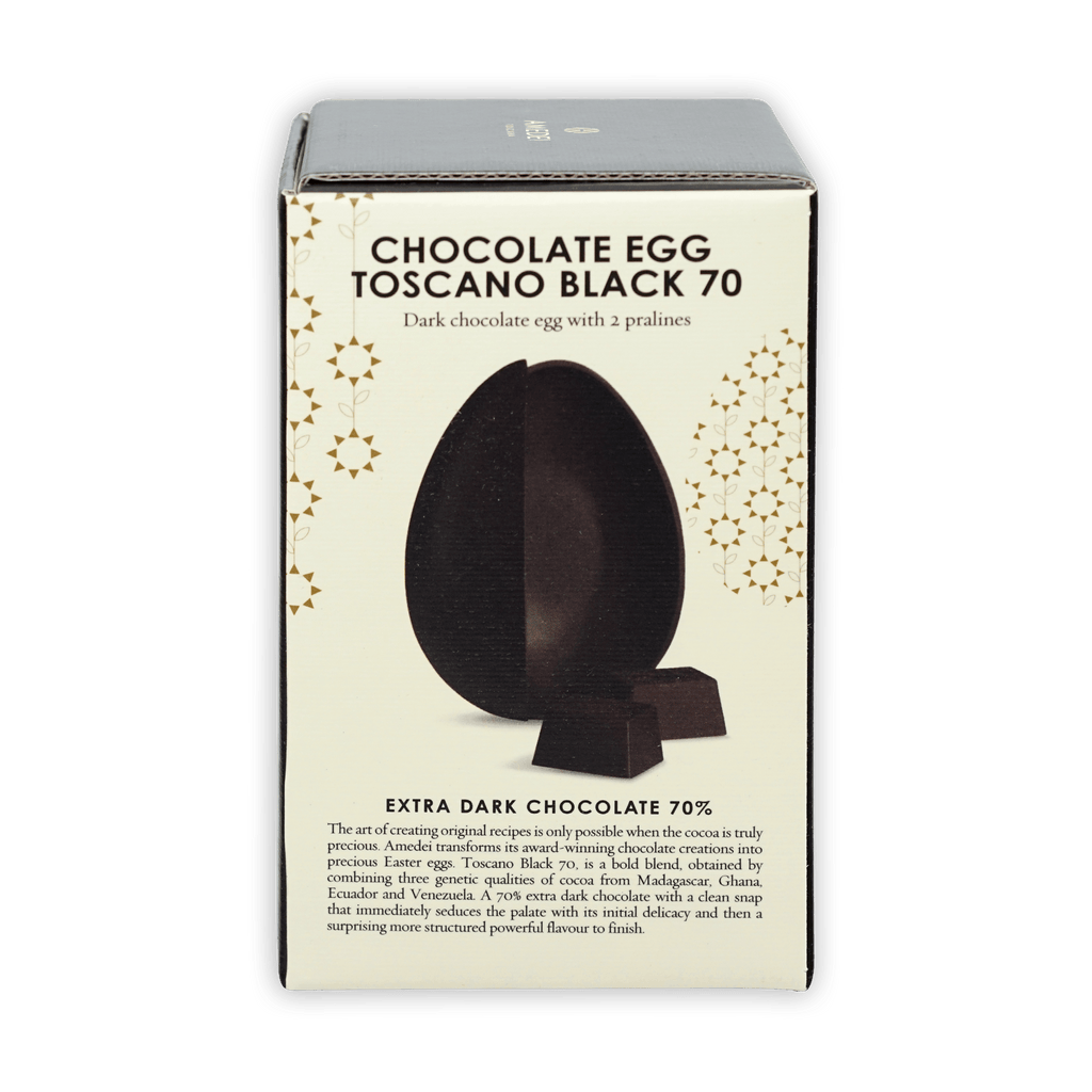 Amedei Easter Egg Toscano Black Dark 70% with glossy exterior and pralines