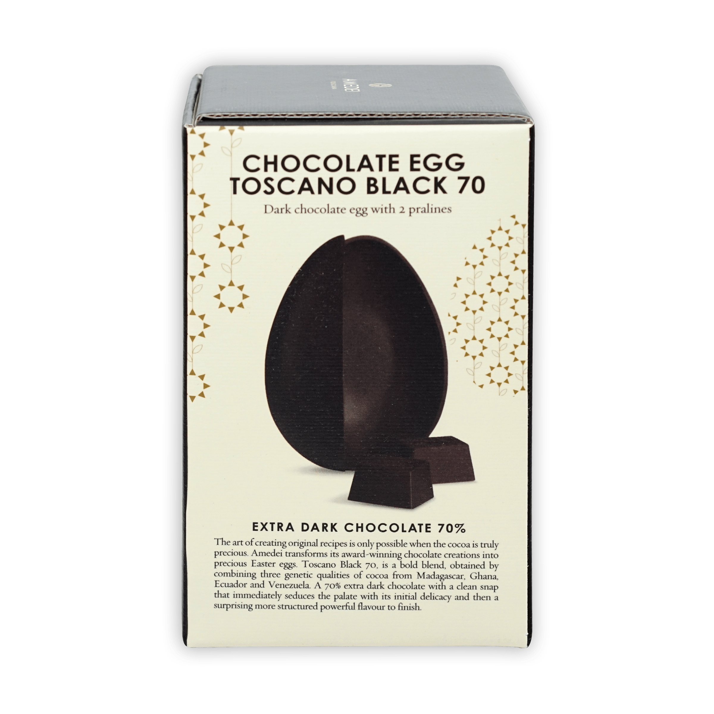 Amedei Easter Egg Toscano Black Dark 70% with glossy exterior and pralines