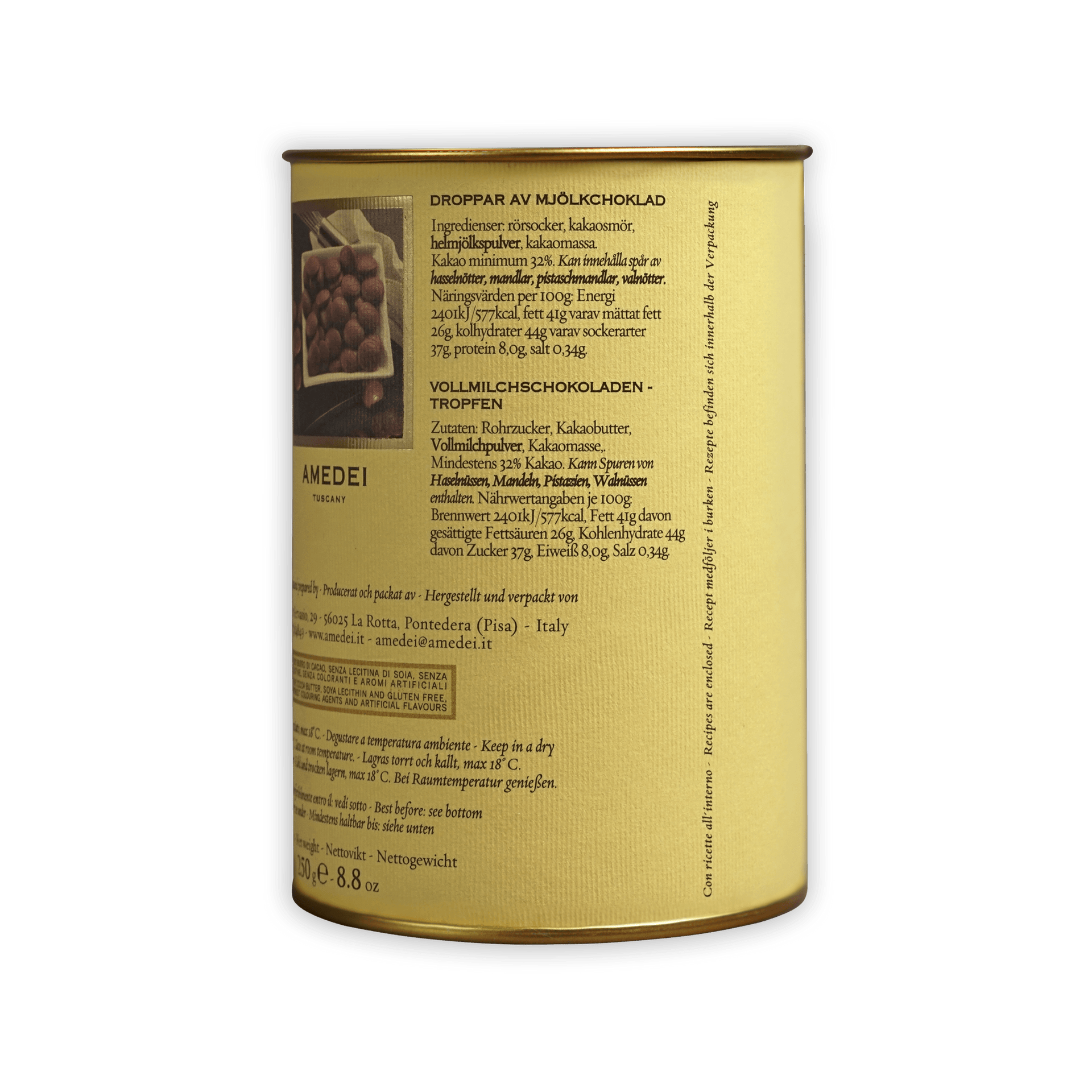 Back of Amedei Gocce Toscano Latte 32% milk chocolate drops tin