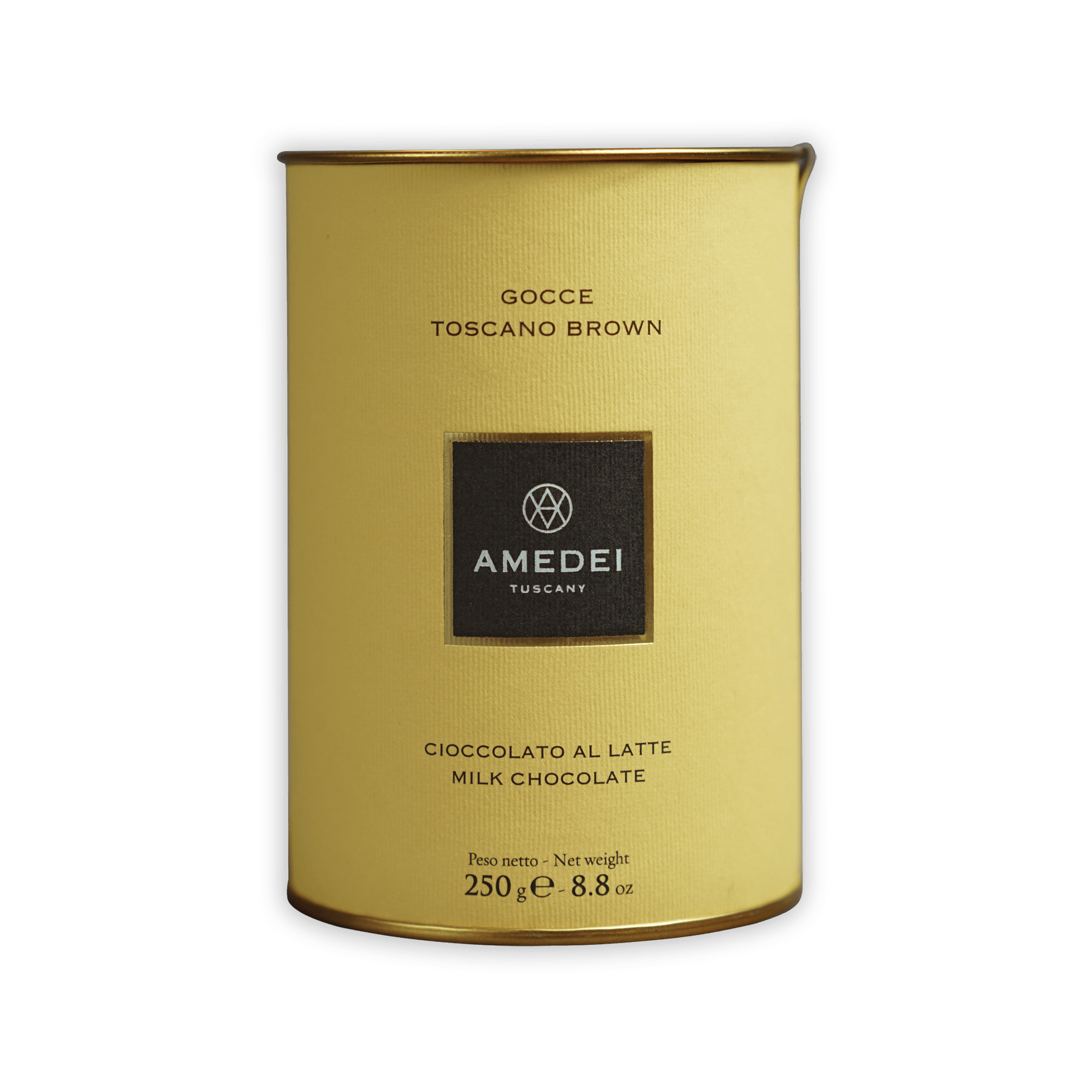 Amedei Gocce Toscano Latte milk chocolate chips 250g golden tin