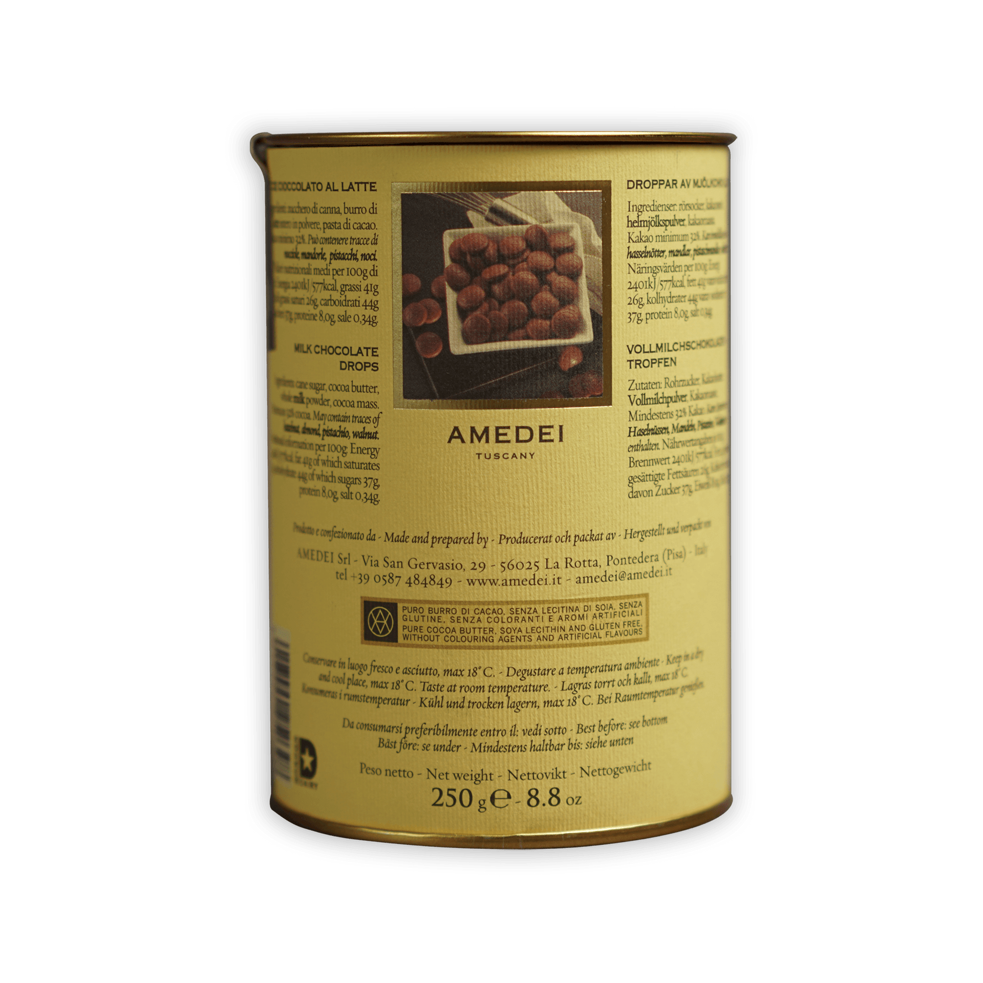 Amedei Gocce Toscano Latte milk chocolate chips can with yellow label