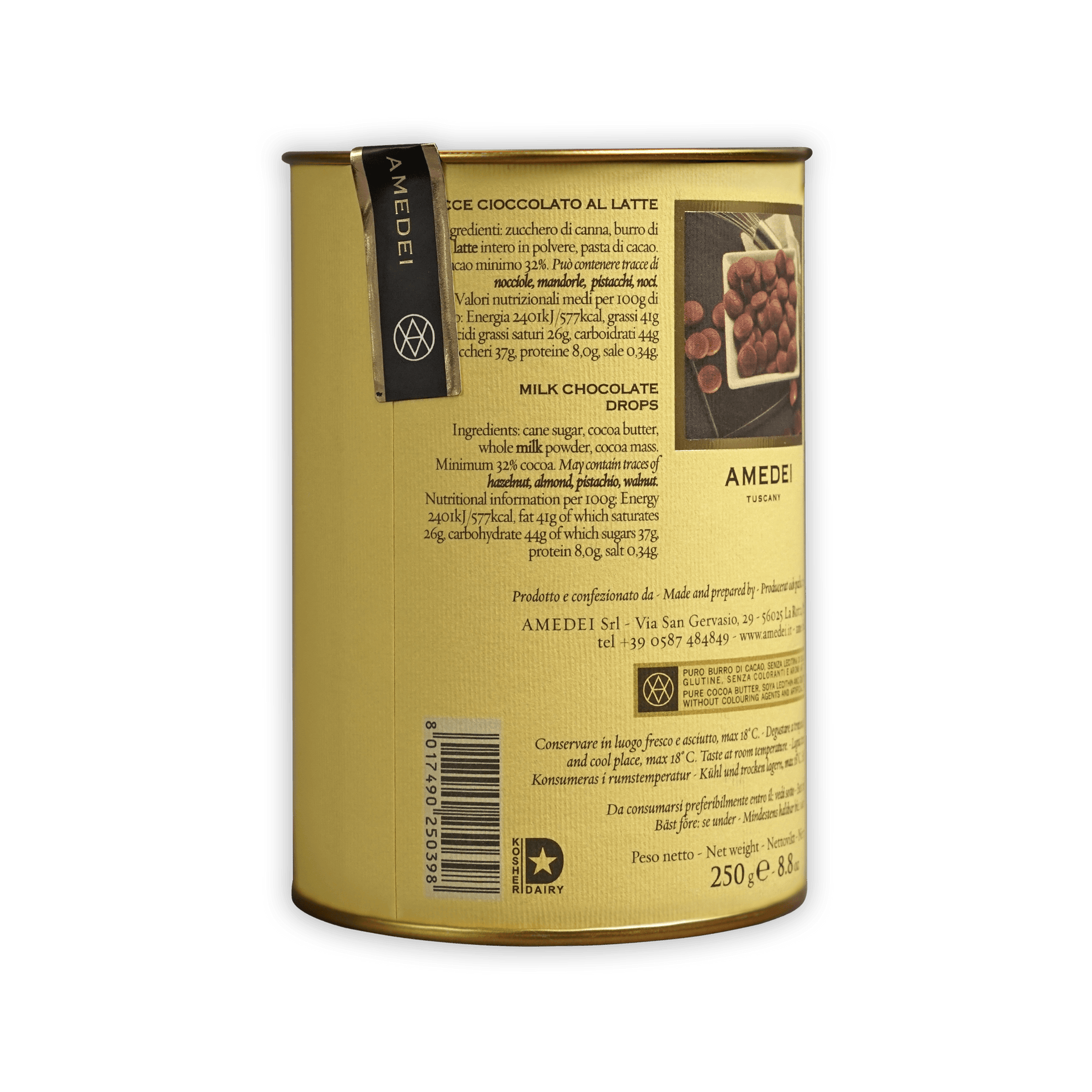 Amedei Gocce Toscano Latte milk chocolate chips 32% golden tin back