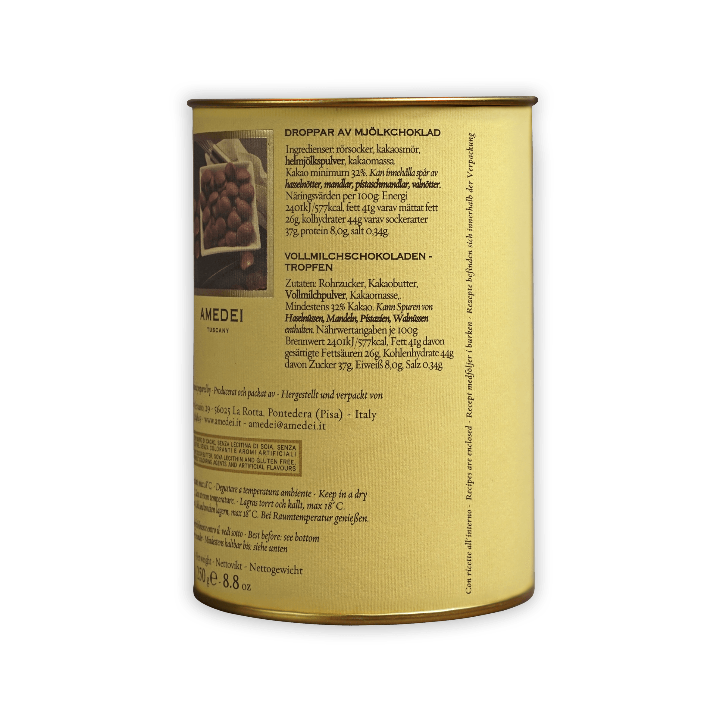 Back of Amedei Gocce Toscano Latte 32% milk chocolate drops tin