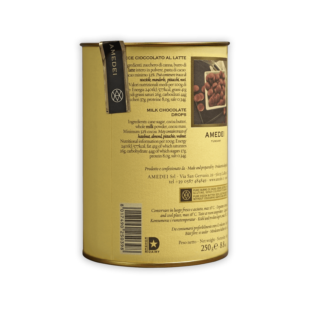 Amedei Gocce Toscano Latte milk chocolate chips 32% golden tin back