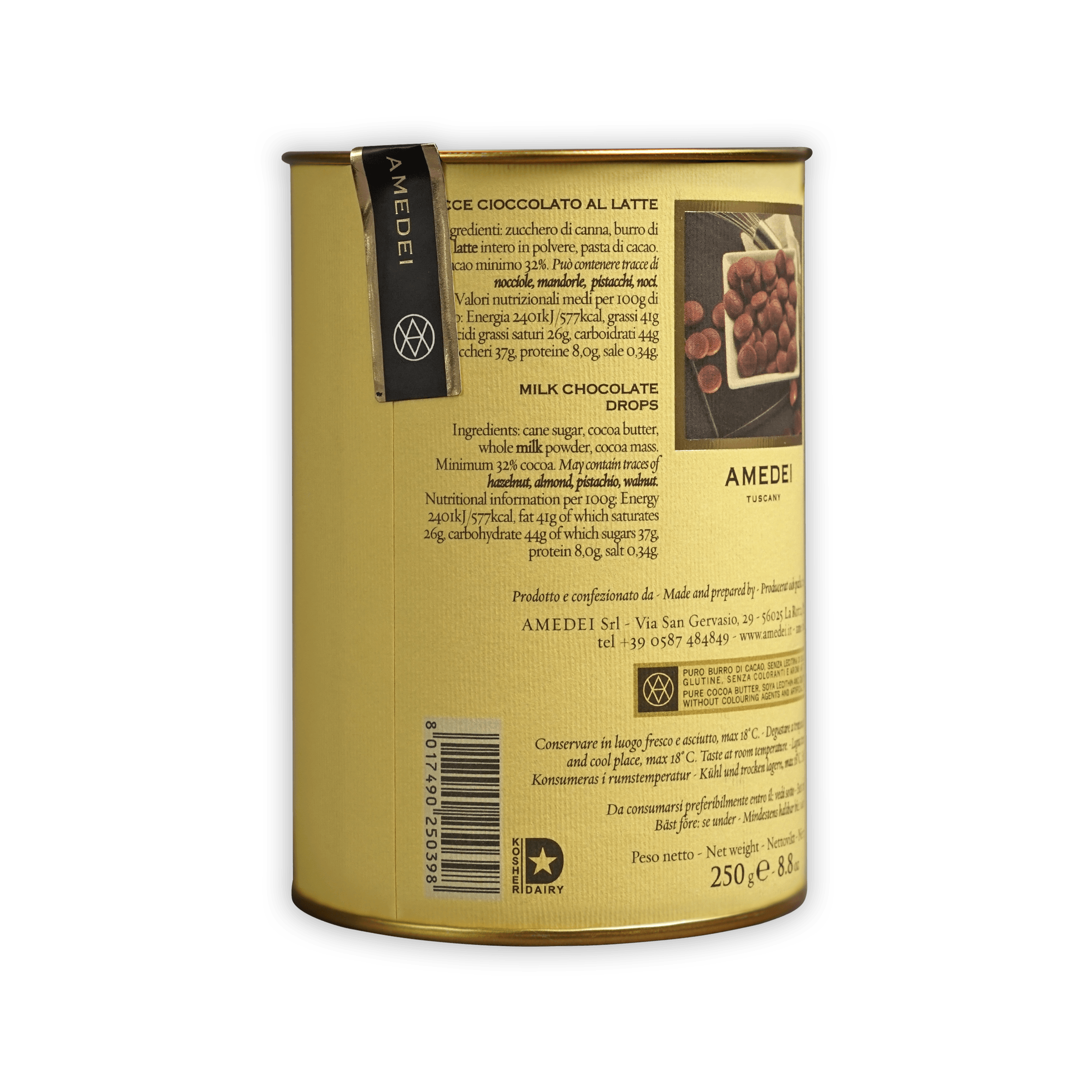 Amedei Gocce Toscano Latte milk chocolate chips 32% golden tin back