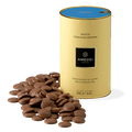 Amedei Gocce Toscano Latte milk chocolate chips in gold jar with blue lid