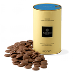 Amedei Gocce Toscano Latte milk chocolate chips in gold jar with blue lid