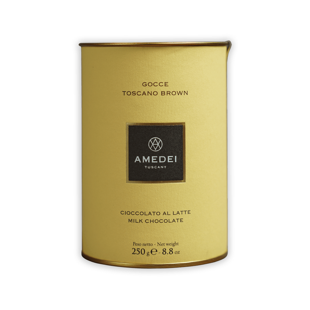 Amedei Gocce Toscano Latte milk chocolate chips 250g golden tin