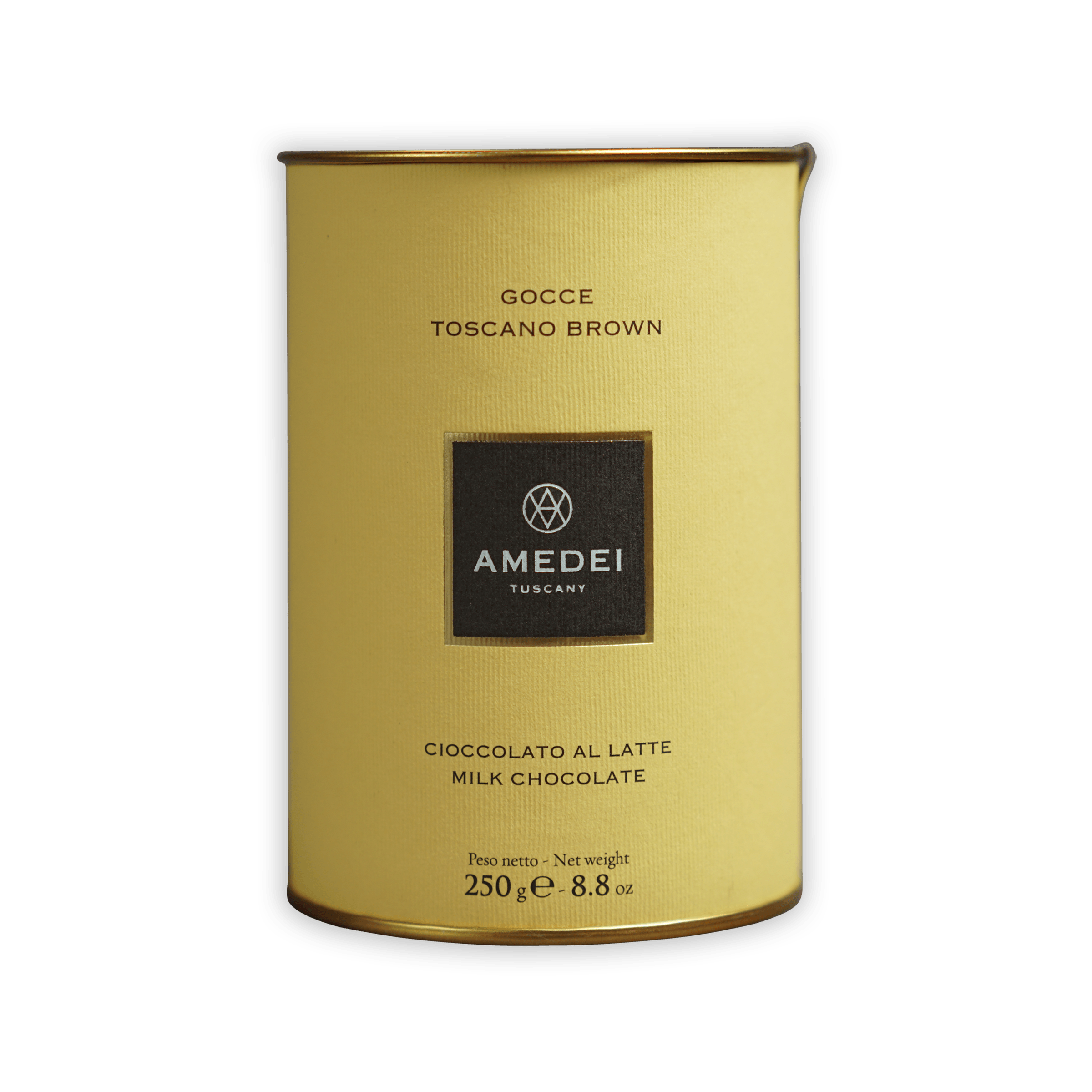 Amedei Gocce Toscano Latte milk chocolate chips 250g golden tin
