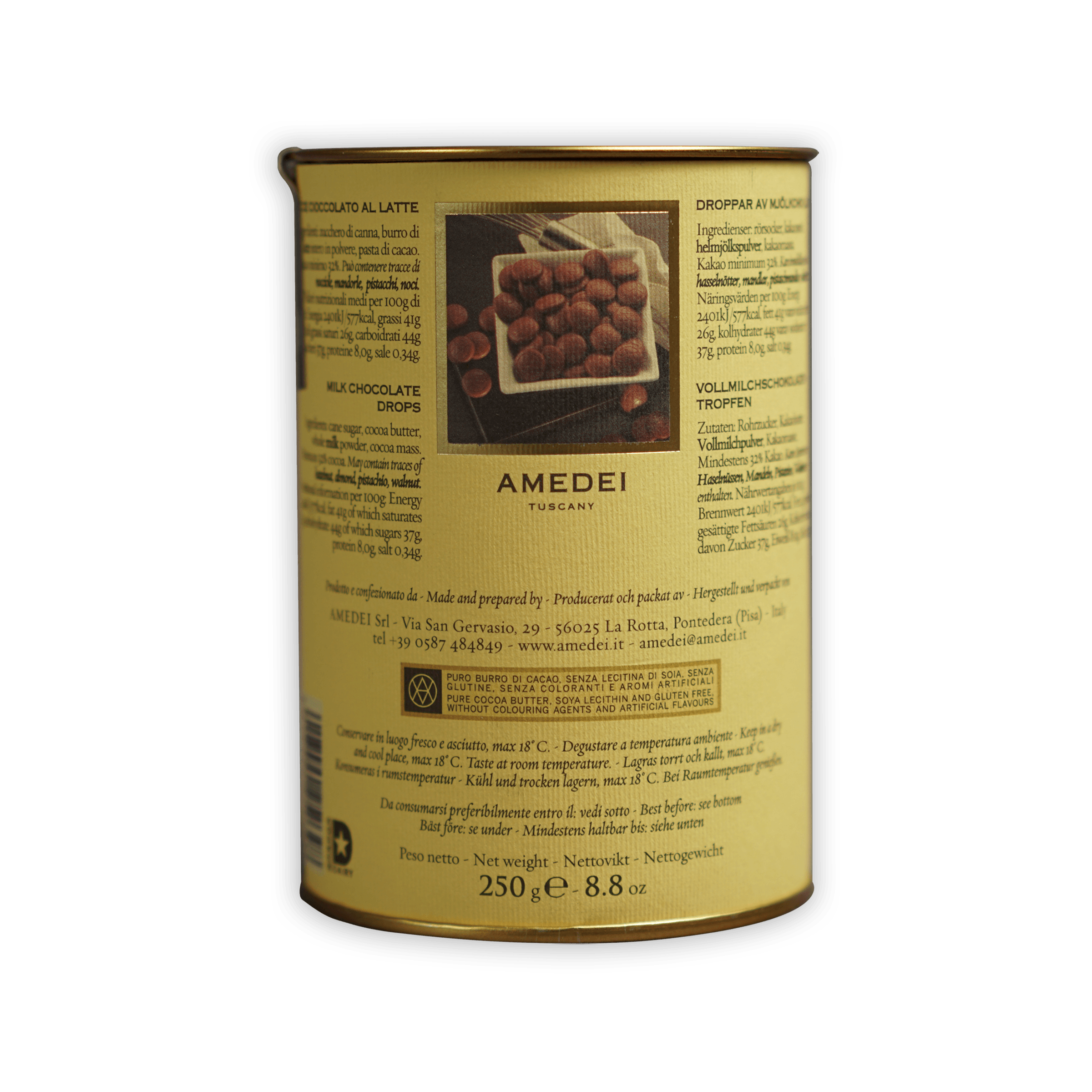 Amedei Gocce Toscano Latte milk chocolate chips can with yellow label
