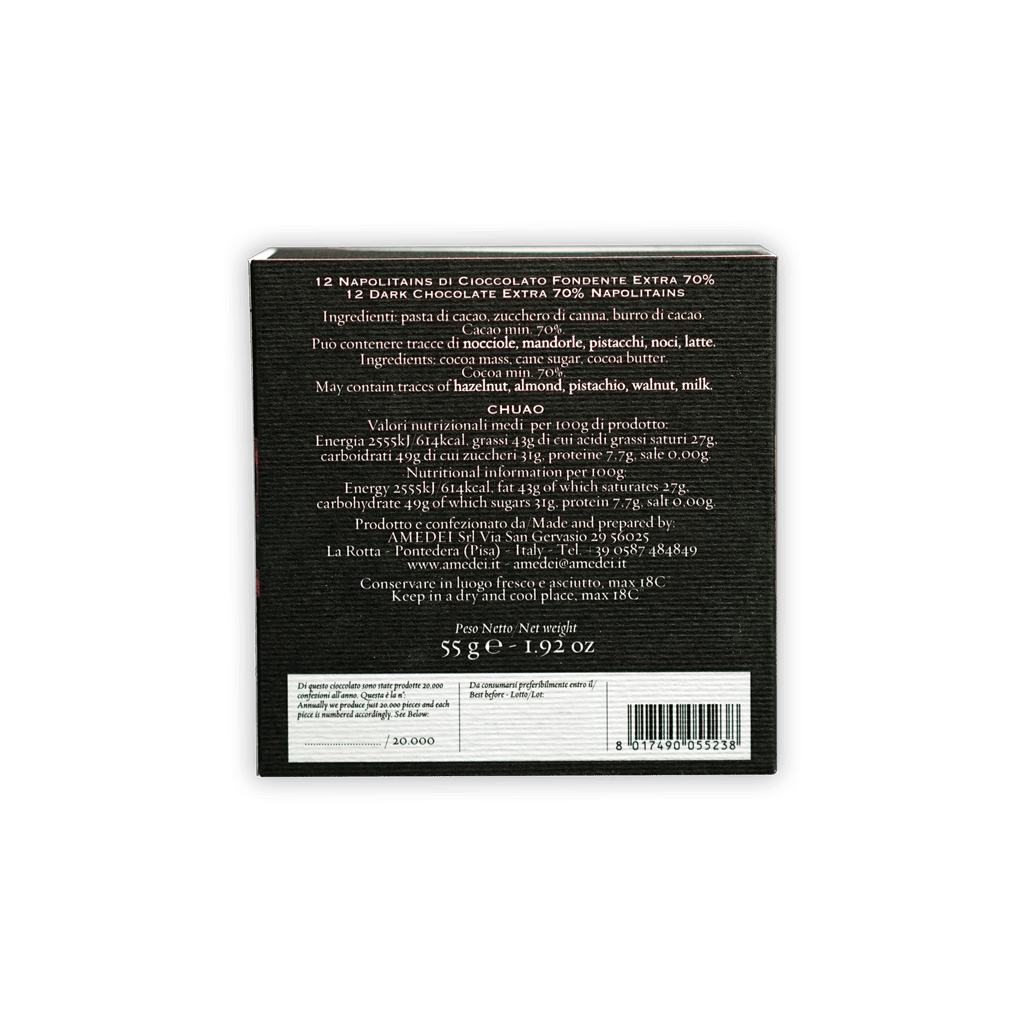 Back of Amedei Napolitains Chuao 70% dark chocolate box with ingredients
