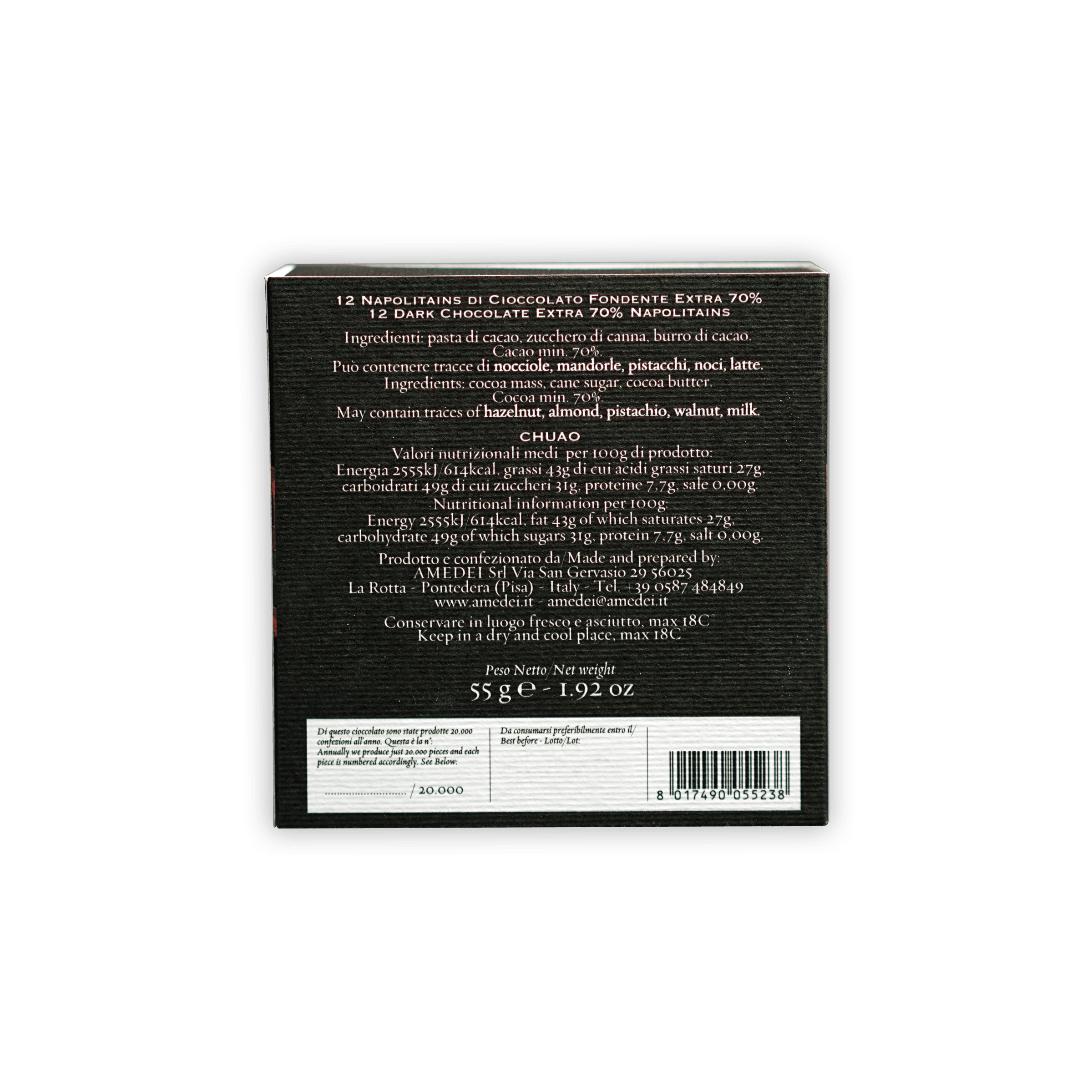 Back of Amedei Napolitains Chuao 70% dark chocolate box with ingredients