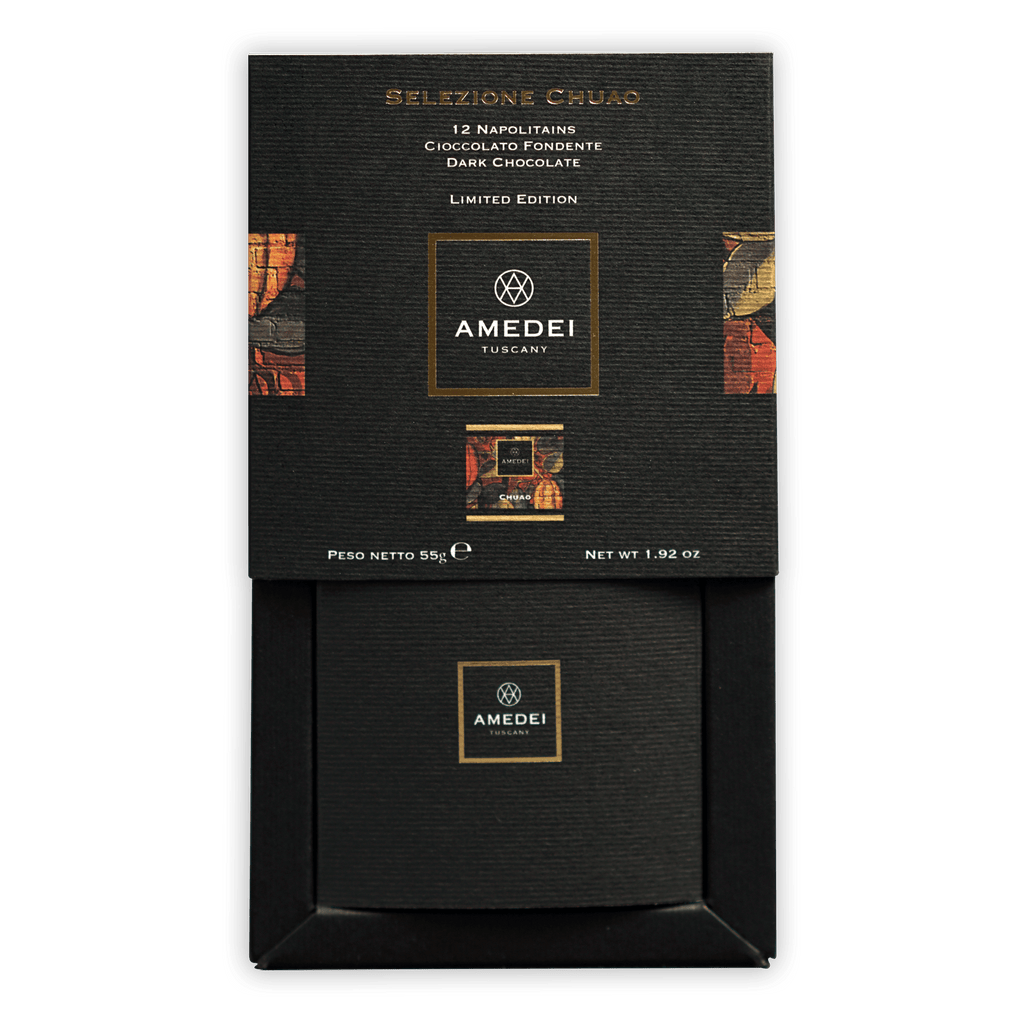 Amedei Napolitains Chuao 70% black textured box with gold lettering