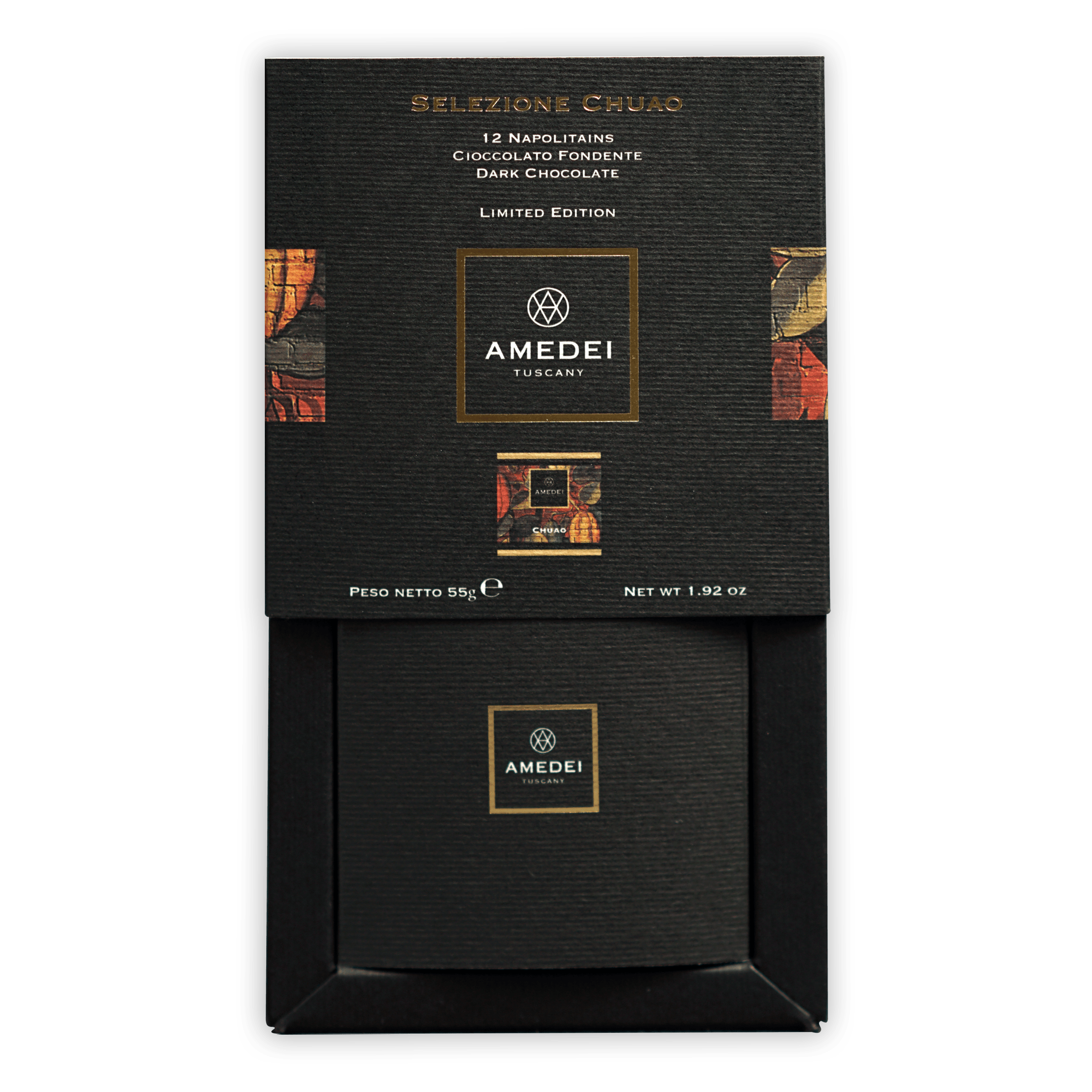 Amedei Napolitains Chuao 70% black textured box with gold lettering