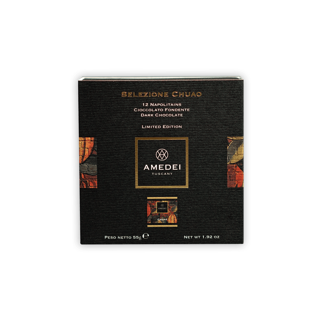 Black textured Amedei Tuscan Chuao 70% dark chocolate napolitains box