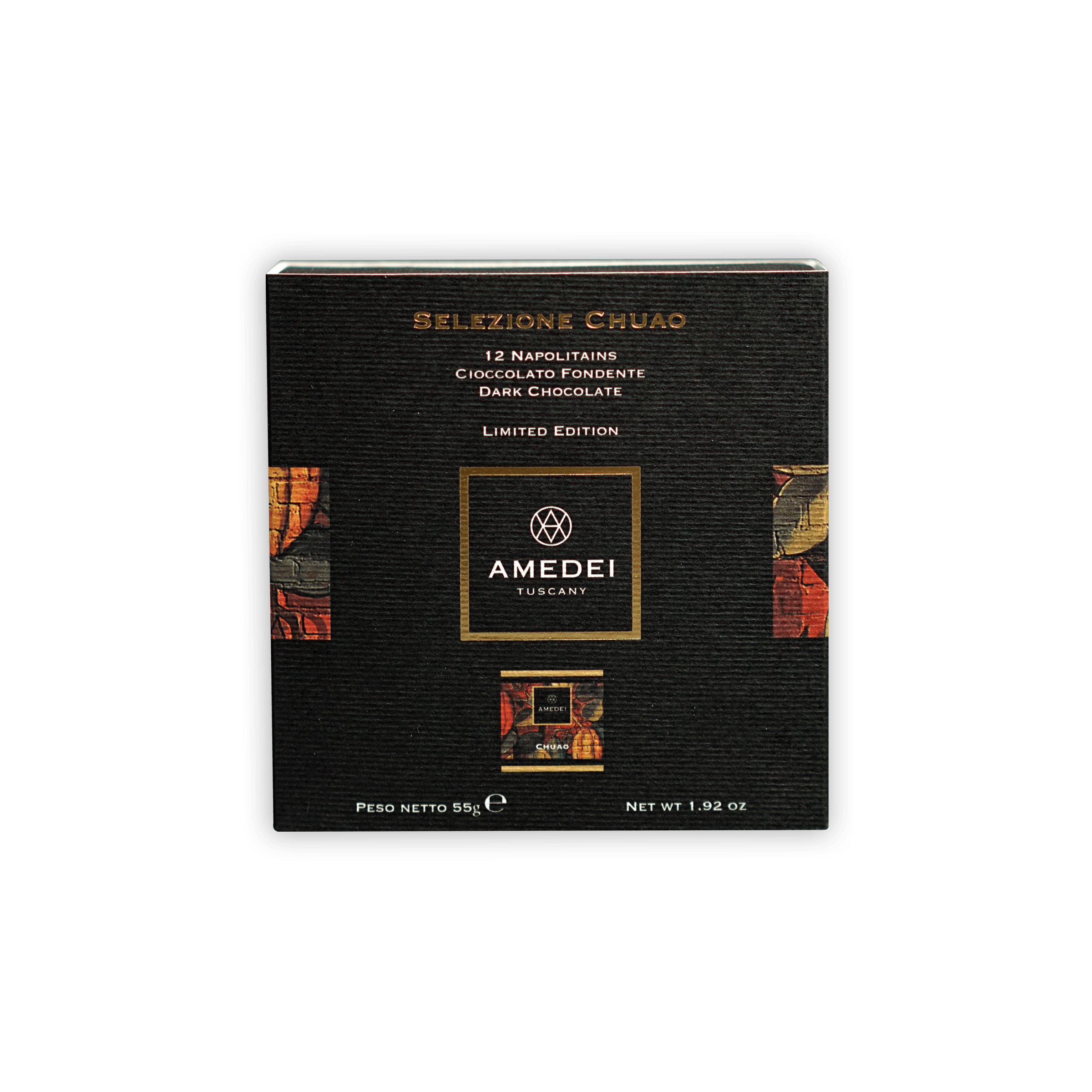 Black textured Amedei Tuscan Chuao 70% dark chocolate napolitains box
