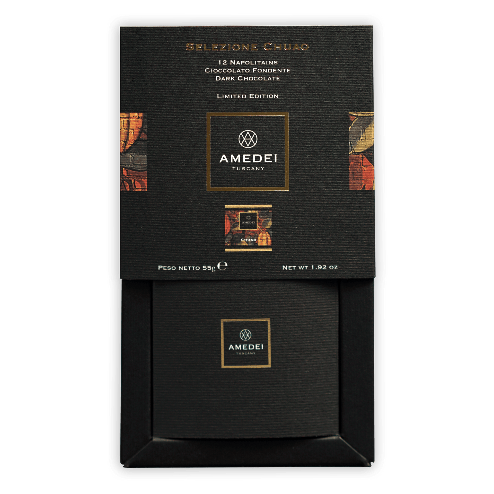 Amedei Napolitains Chuao 70% black textured box with gold lettering