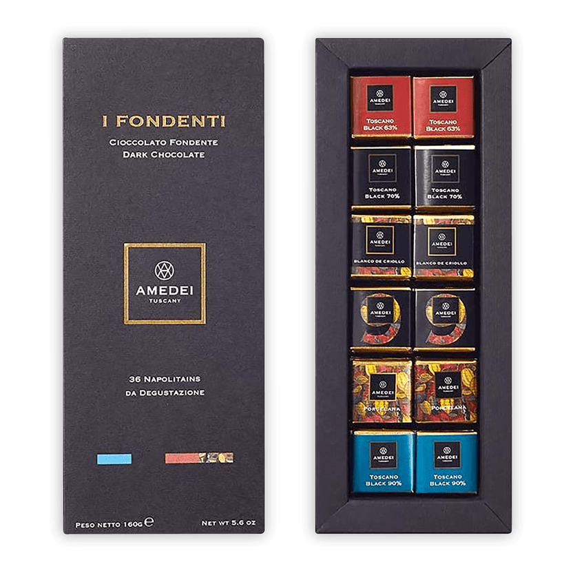 Elegant Amedei Tuscany I Fondenti black box with 36 assorted napolitains