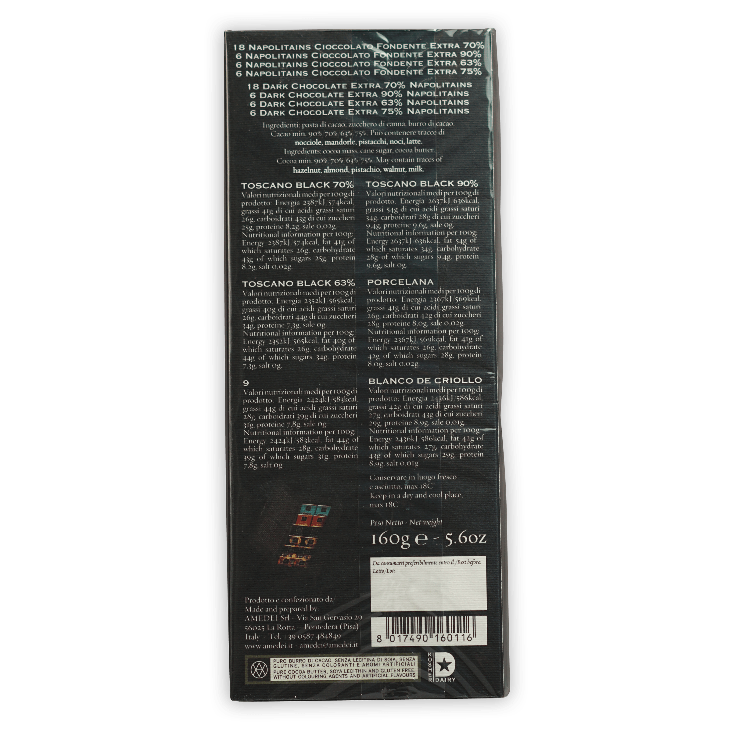 Back of Amedei Napolitains I Fondenti 36 pcs black wrapper with cocoa blends info