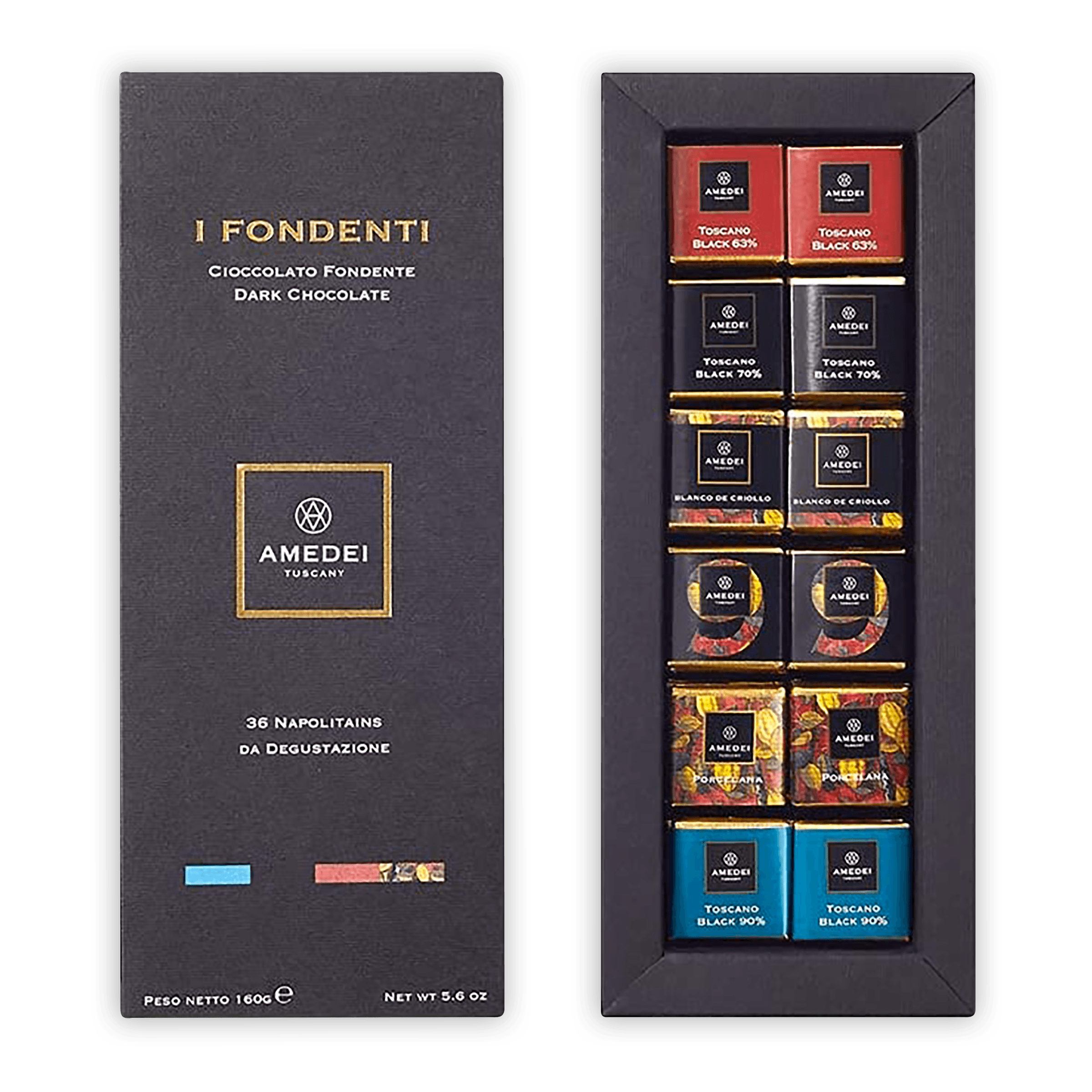 Elegant Amedei Tuscany I Fondenti black box with 36 assorted napolitains