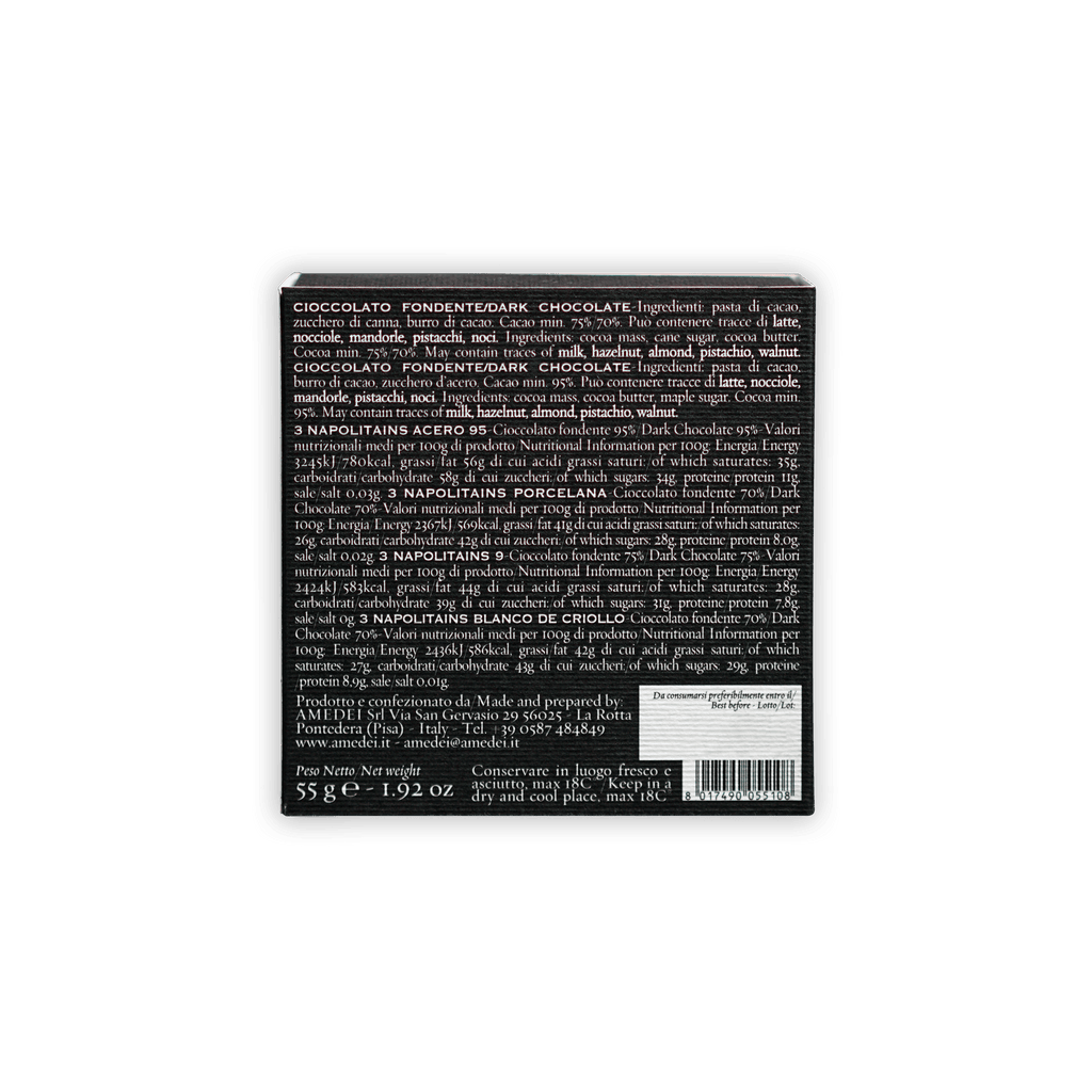 Back of Amedei Napolitains I Neri 70% black chocolate box with ingredients