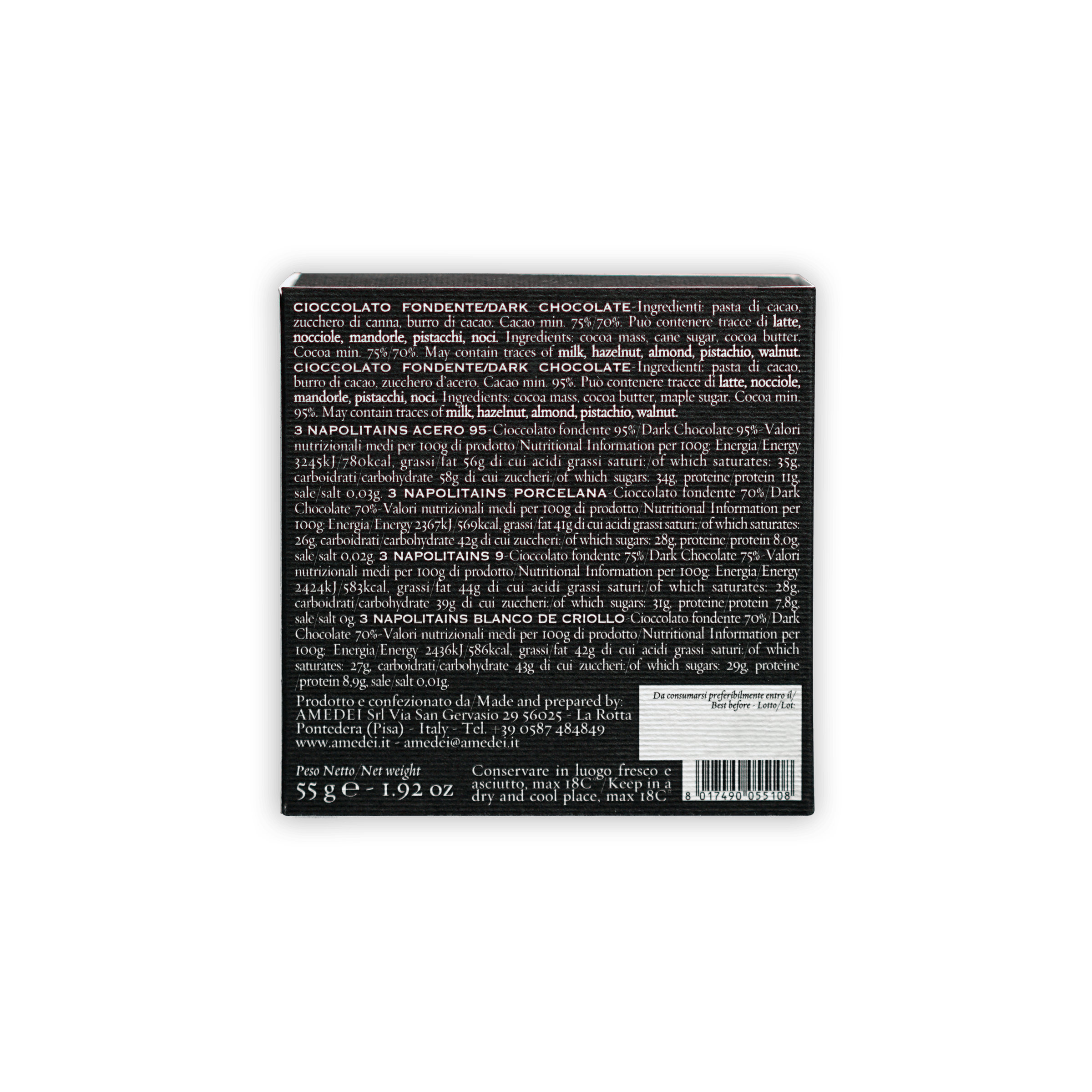 Back of Amedei Napolitains I Neri 70% black chocolate box with ingredients