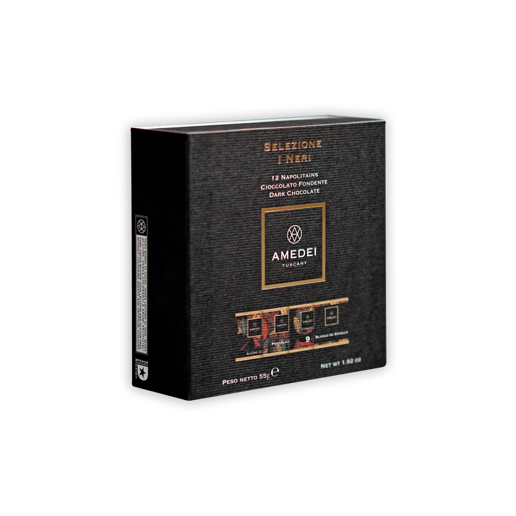 Black textured Amedei Tuscany I Neri 70% dark chocolate napolitains box