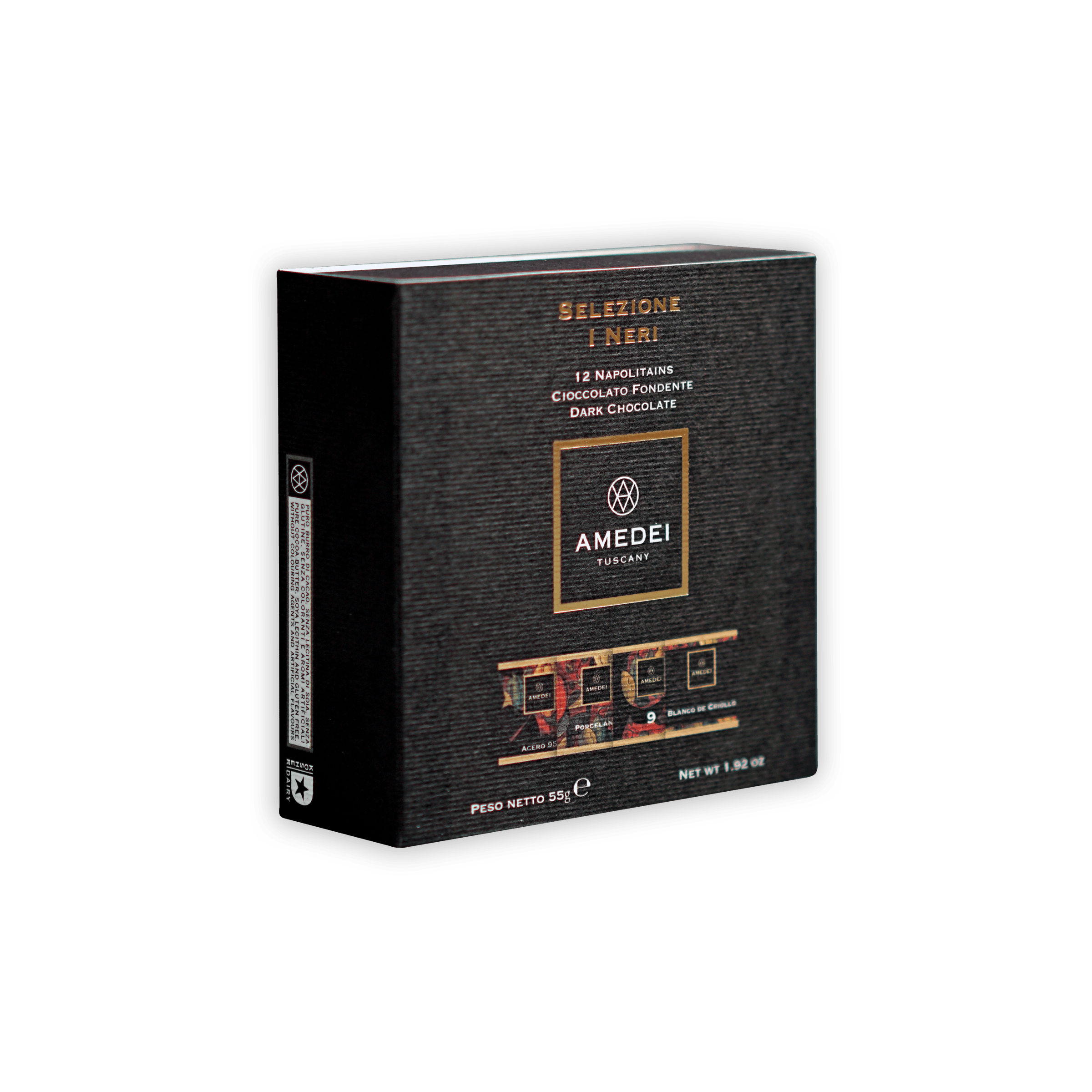 Black textured Amedei Tuscany I Neri 70% dark chocolate napolitains box