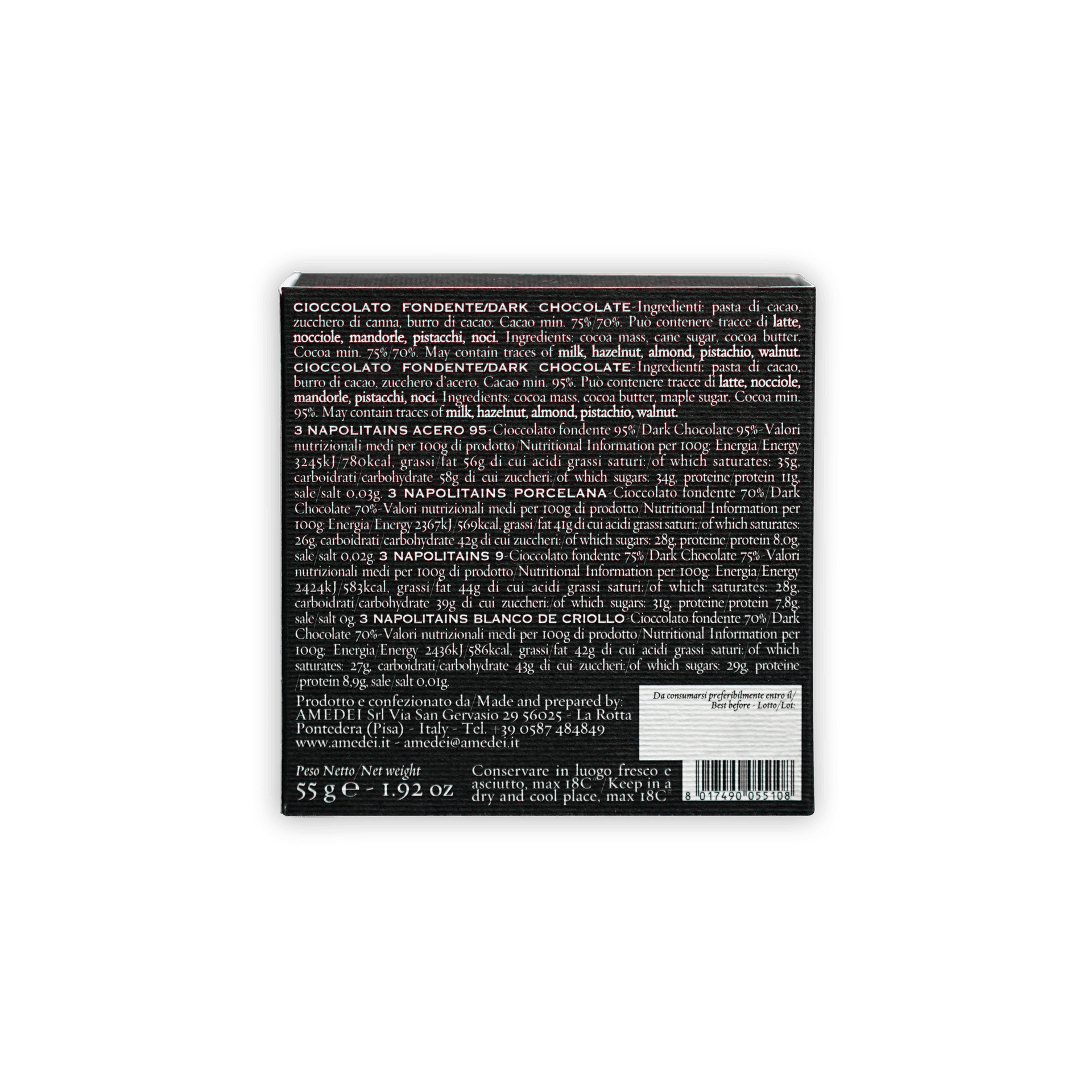 Back of Amedei Napolitains I Neri 70% black chocolate box with ingredients