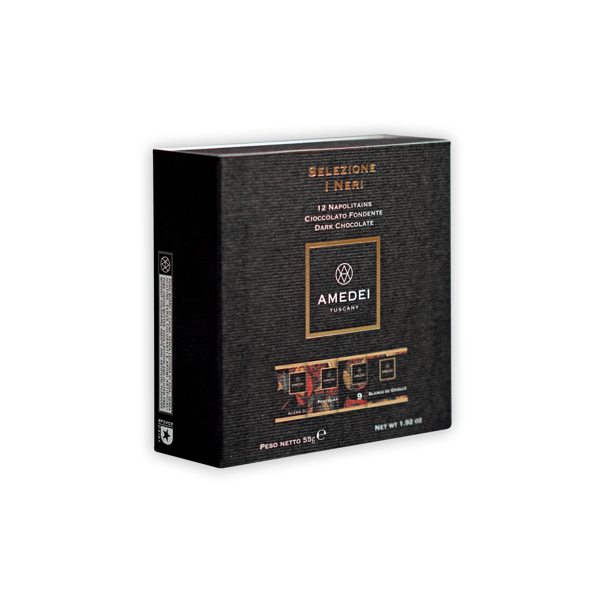 Black textured Amedei Tuscany I Neri 70% dark chocolate napolitains box