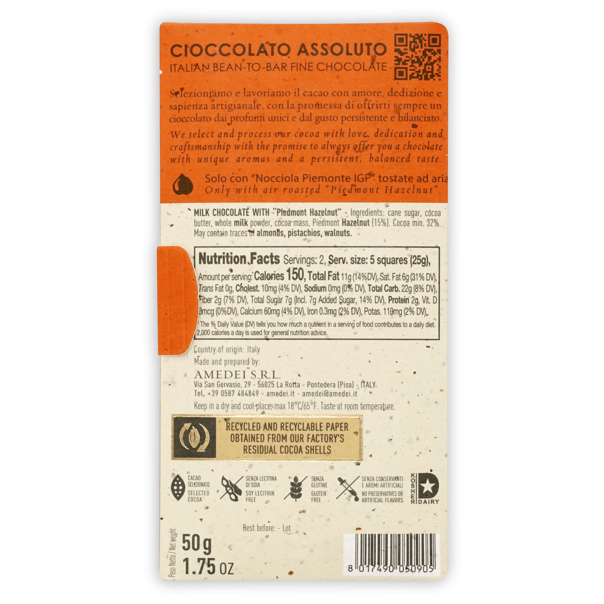 Amedei Nocciole 50g milk hazelnut chocolate bar with textured wrapper