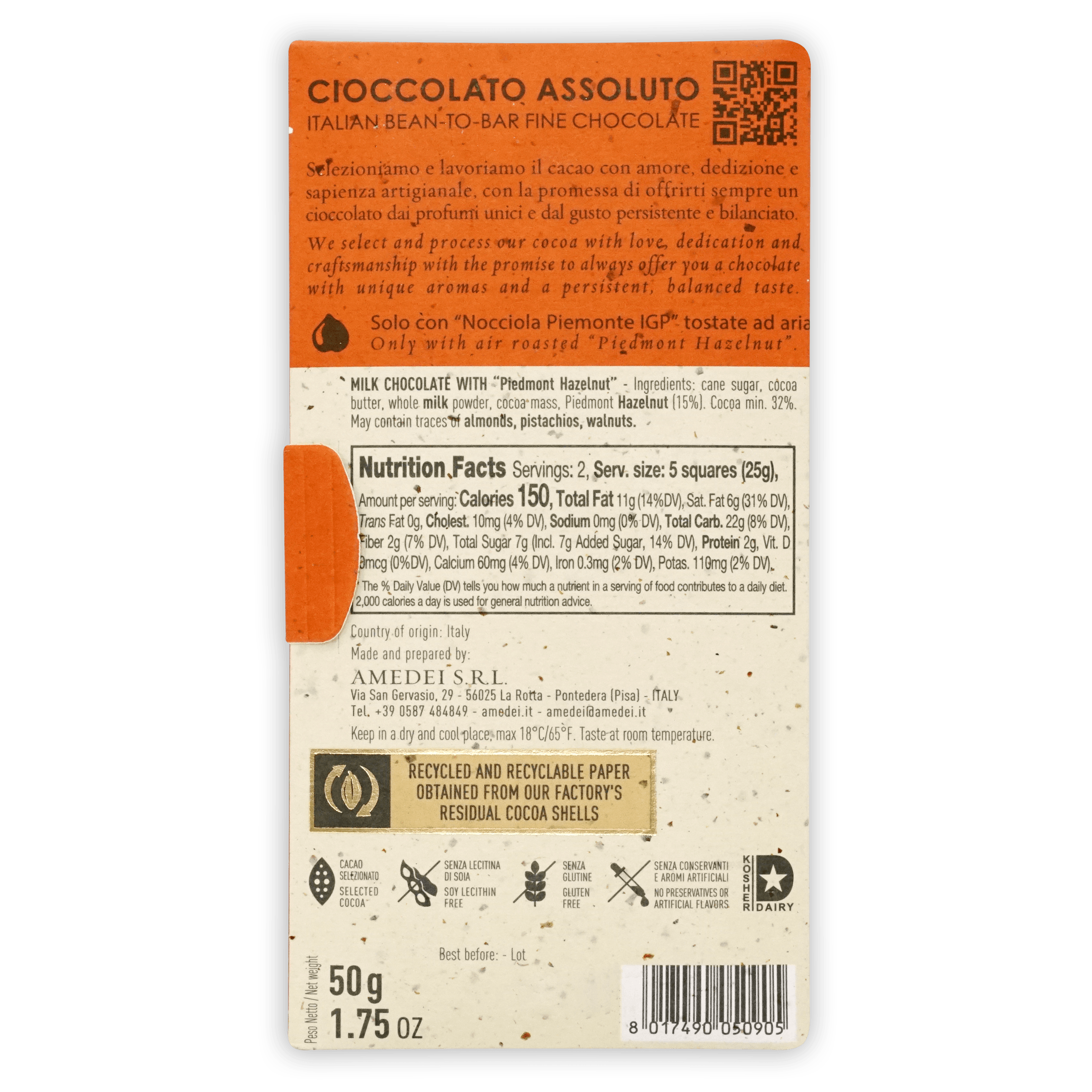 Amedei Nocciole 50g milk hazelnut chocolate bar with textured wrapper