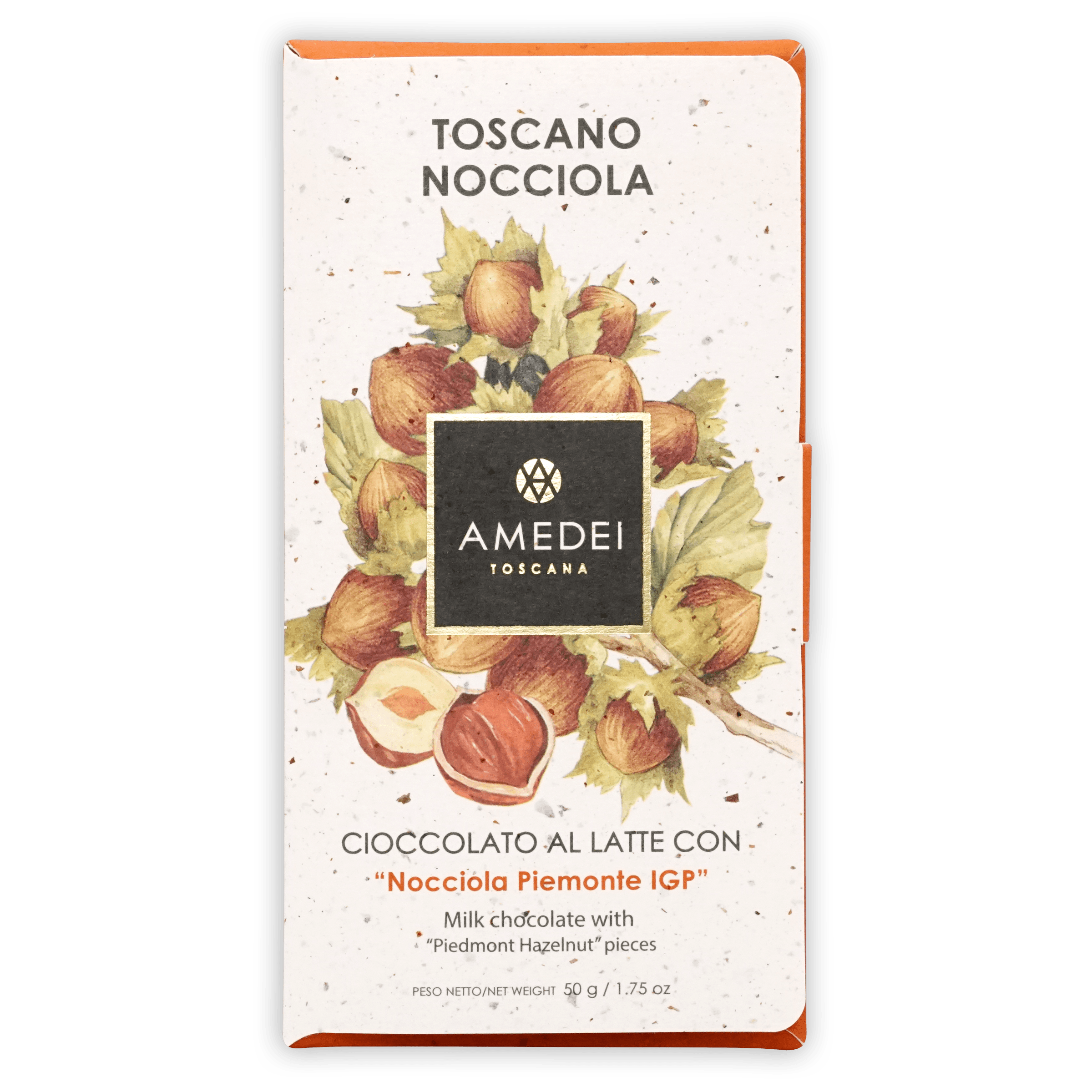 Amedei Toscana Toscano Nocciola milk chocolate bar with hazelnuts wrapper