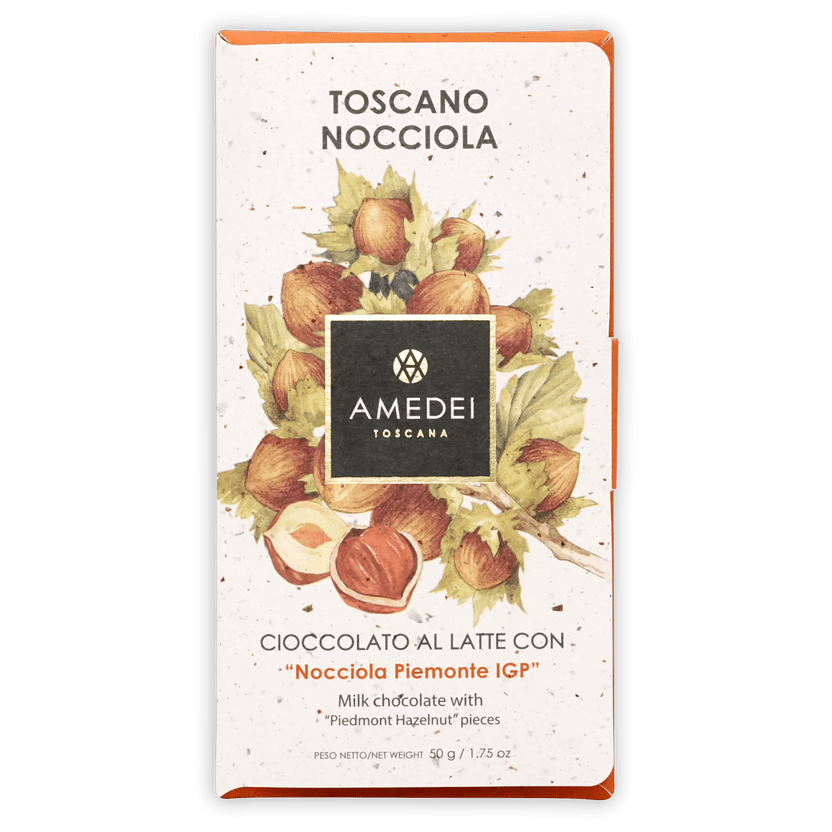 Amedei Toscana Toscano Nocciola milk chocolate bar with hazelnuts wrapper