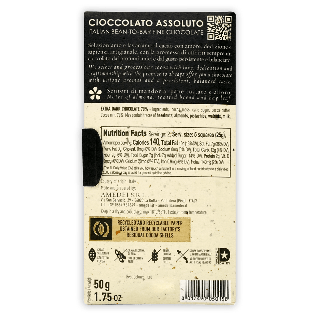 Amedei Porcelana 70% dark chocolate bar in cream wrapper labeled Cioccolato Assoluto