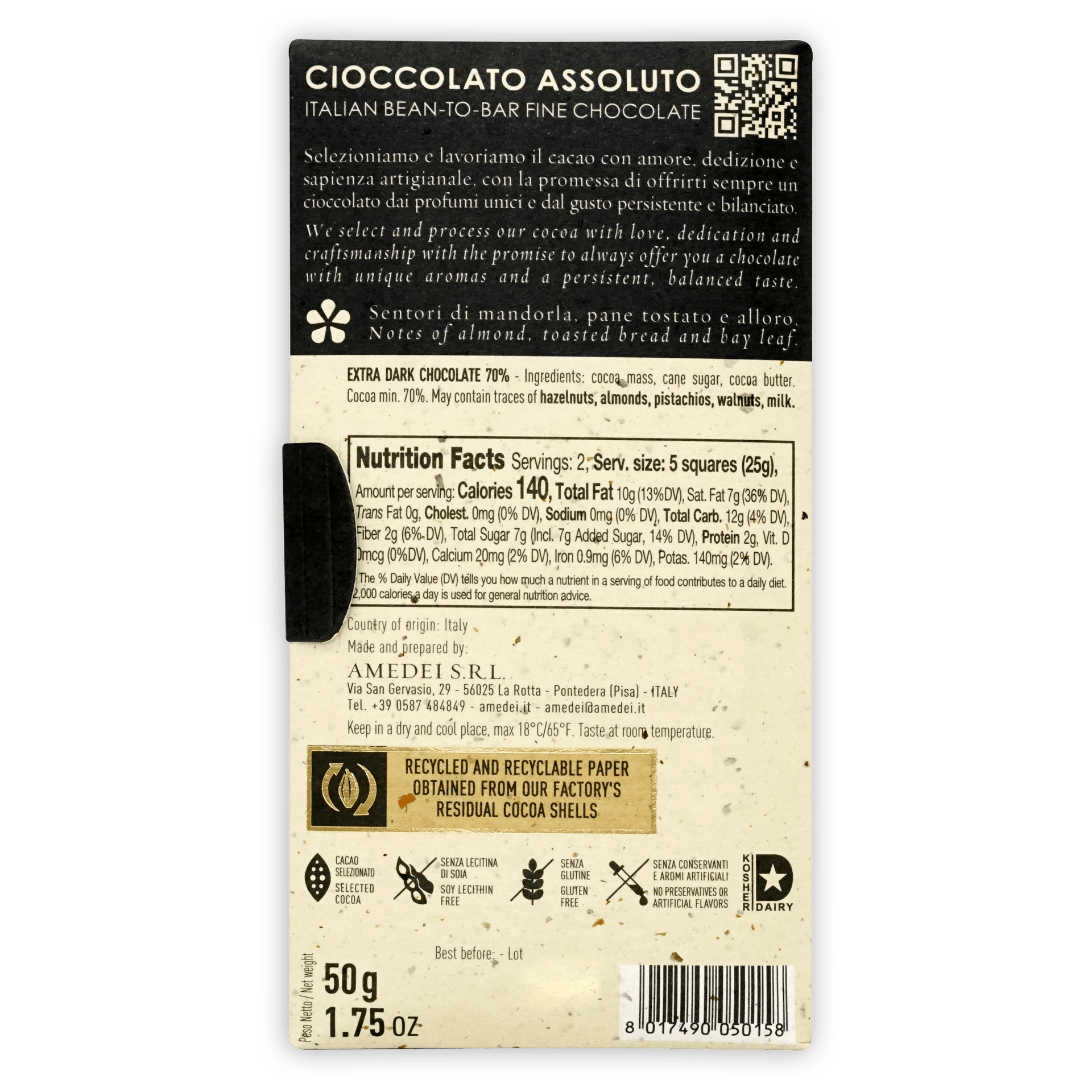 Amedei Porcelana 70% dark chocolate bar in cream wrapper labeled Cioccolato Assoluto