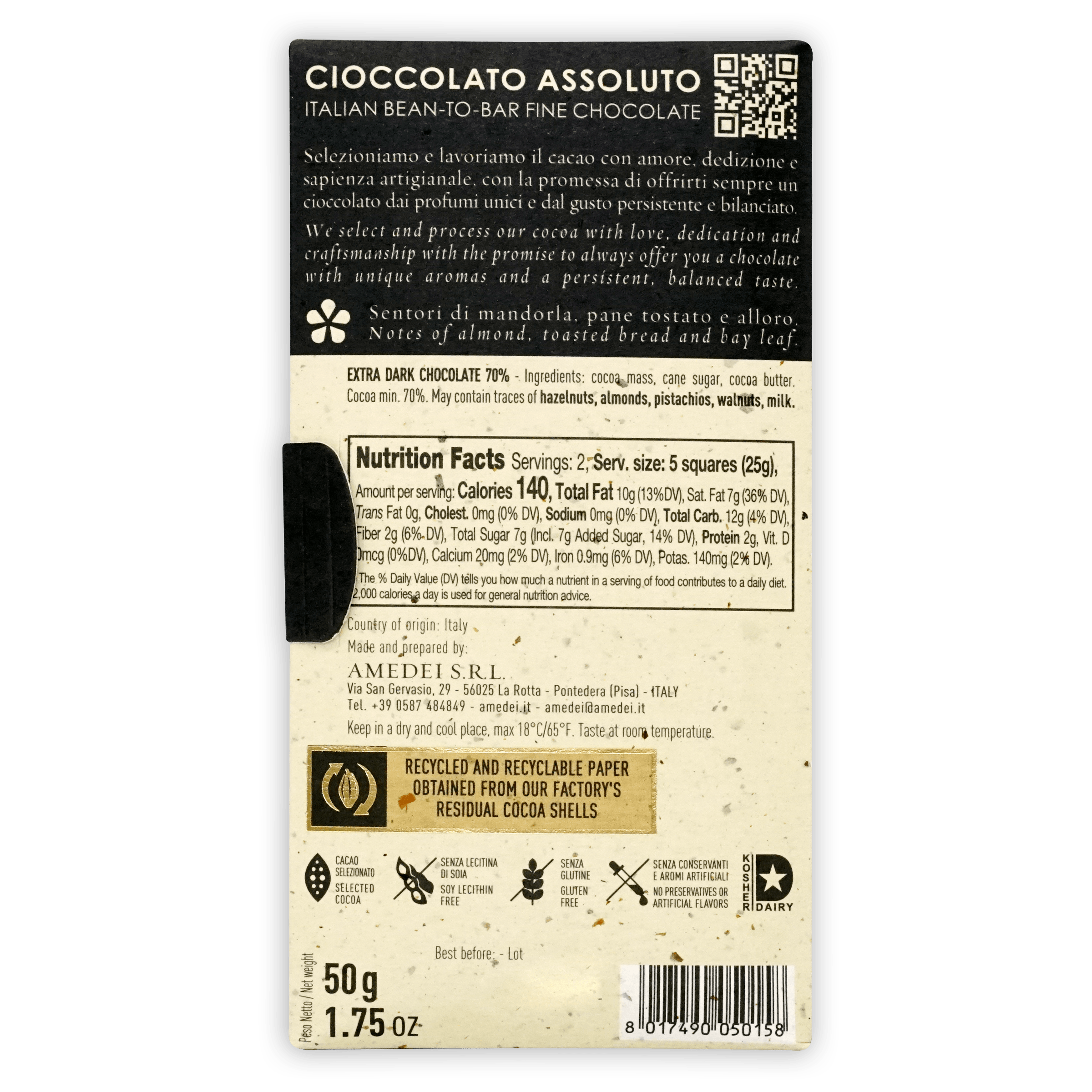 Amedei Porcelana 70% dark chocolate bar in cream wrapper labeled Cioccolato Assoluto