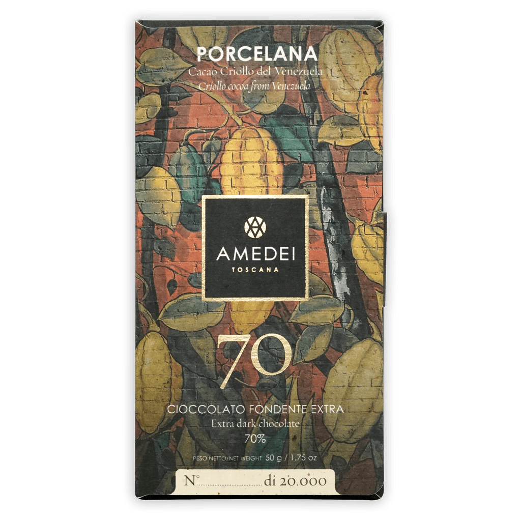 Amedei Porcelana 70% extra dark chocolate bar with cacao pod wrapper