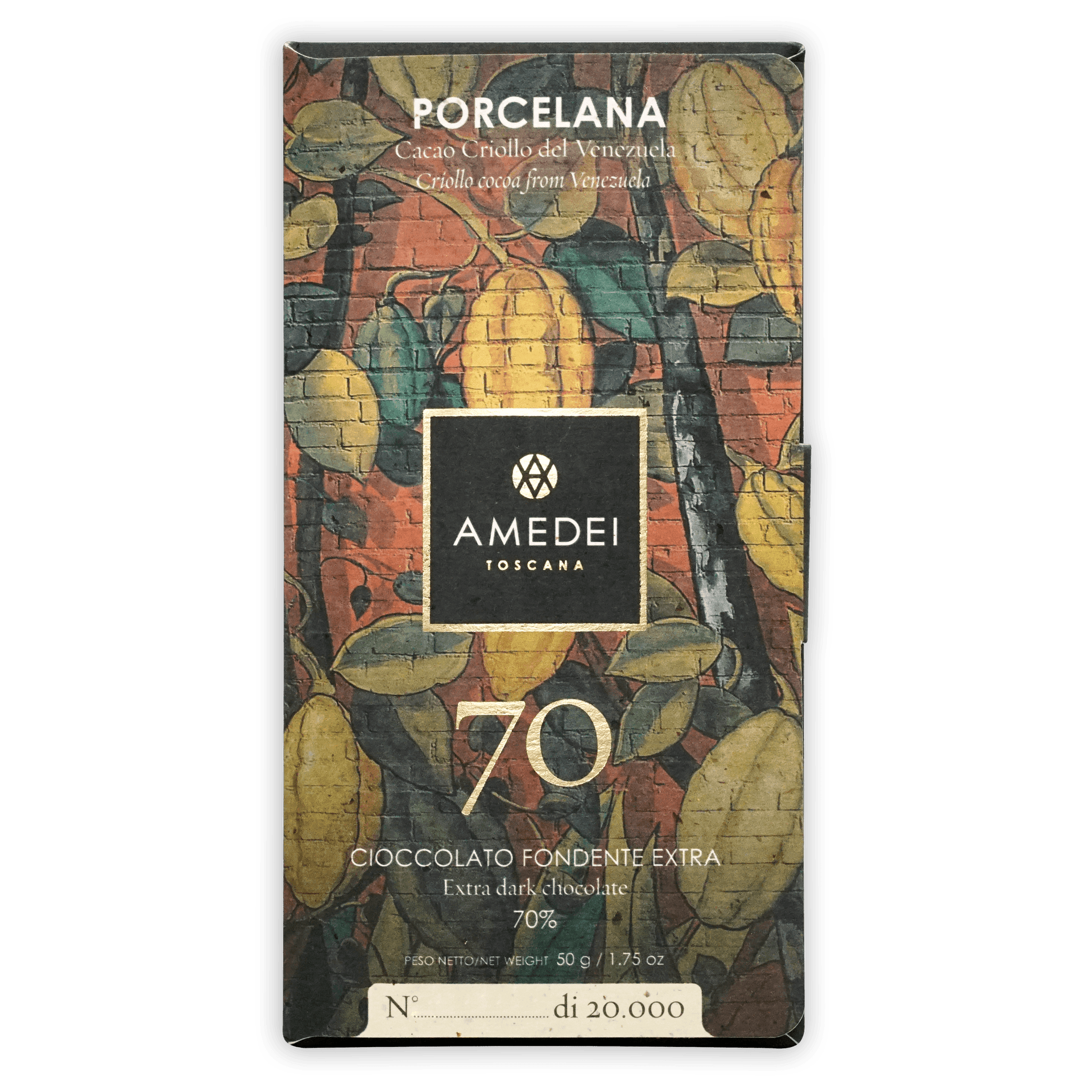 Amedei Porcelana 70% extra dark chocolate bar with cacao pod wrapper